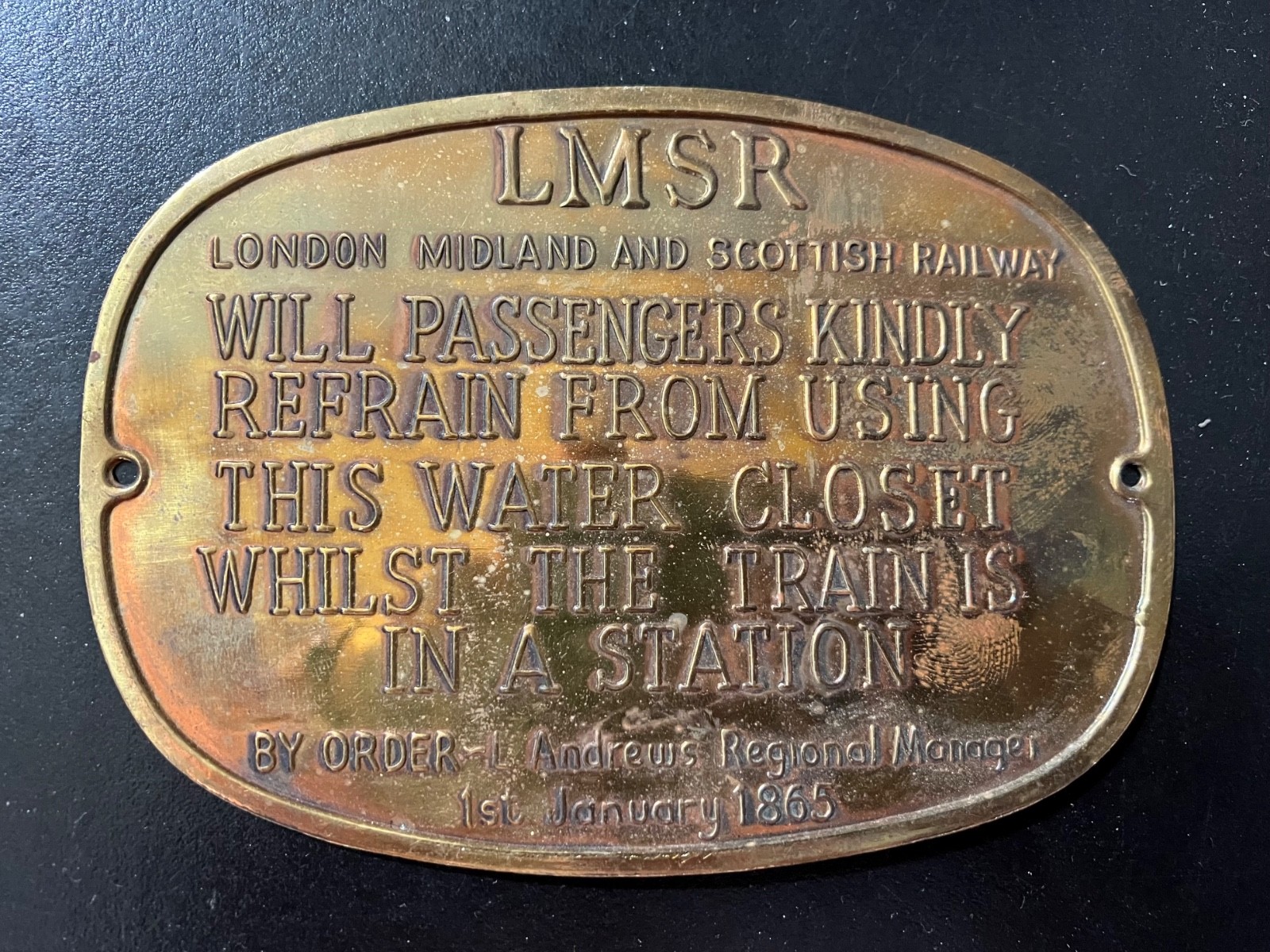 LMSR London Midland Scottish Railway Brass Plaque Novelty Water Closet Sign 1865