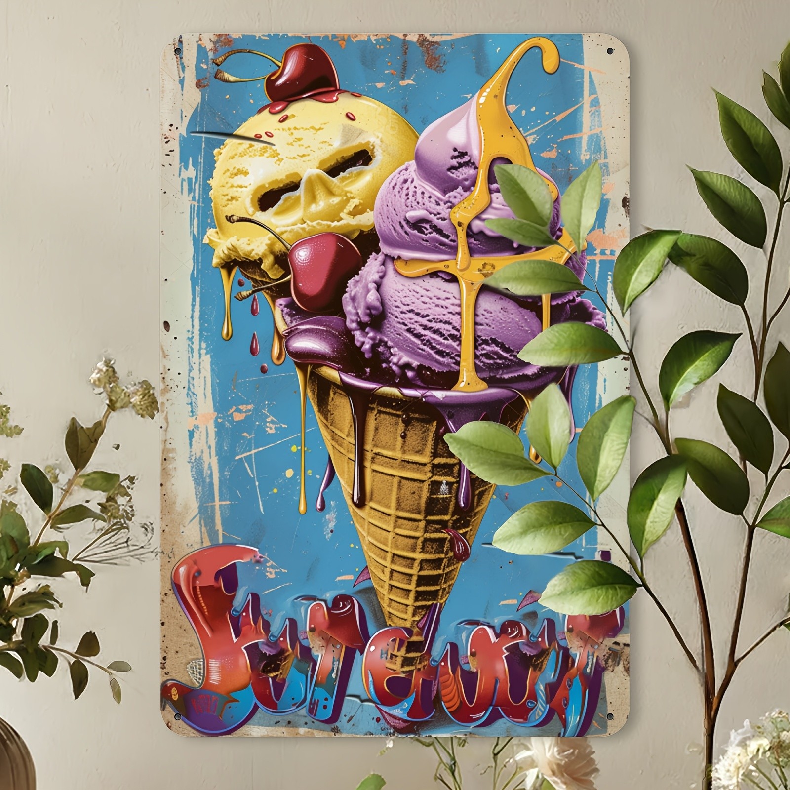 One Piece Vintage Ice Cream Metal Tin Sign – Nostalgic Dessert Design – Suitable