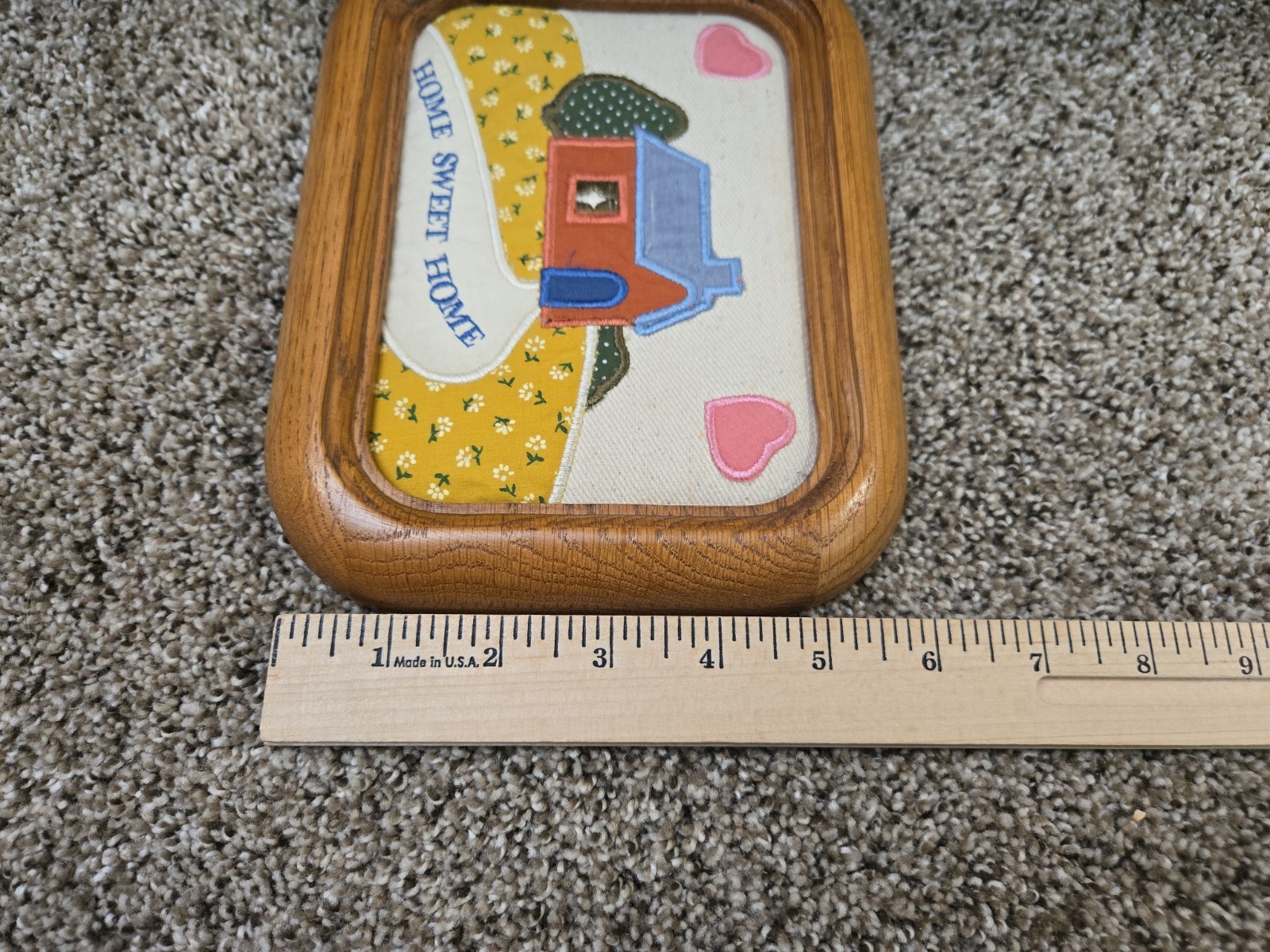 Vtg 80s Russ Berrie Home Sweet Home Oak Framed Plaque Country Hearts Applique