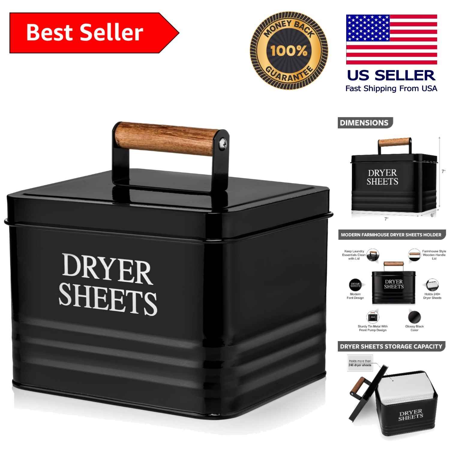 Stylish Black Metal Fabric Softener Dispenser with Wooden Lid for Laundry Rooms