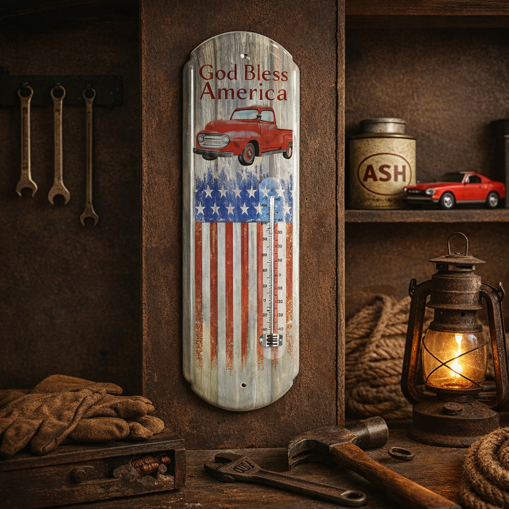 God Bless America Metal Wall Thermometer Patriotic Vintage Truck Decor