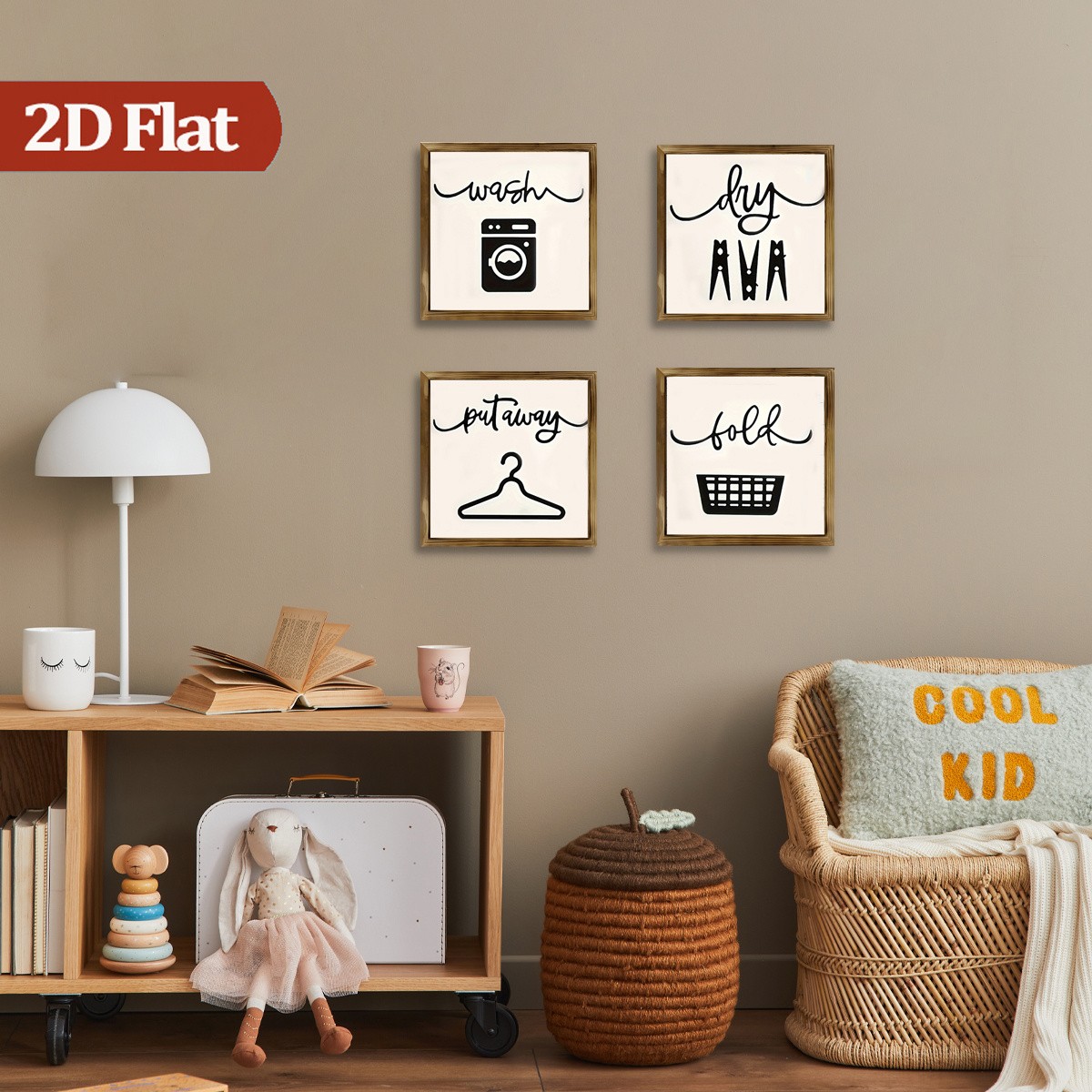4Pcs Fold Wash Dry Wooden Sign Framed Laundry Room Farmhouse Wall Decor Gift