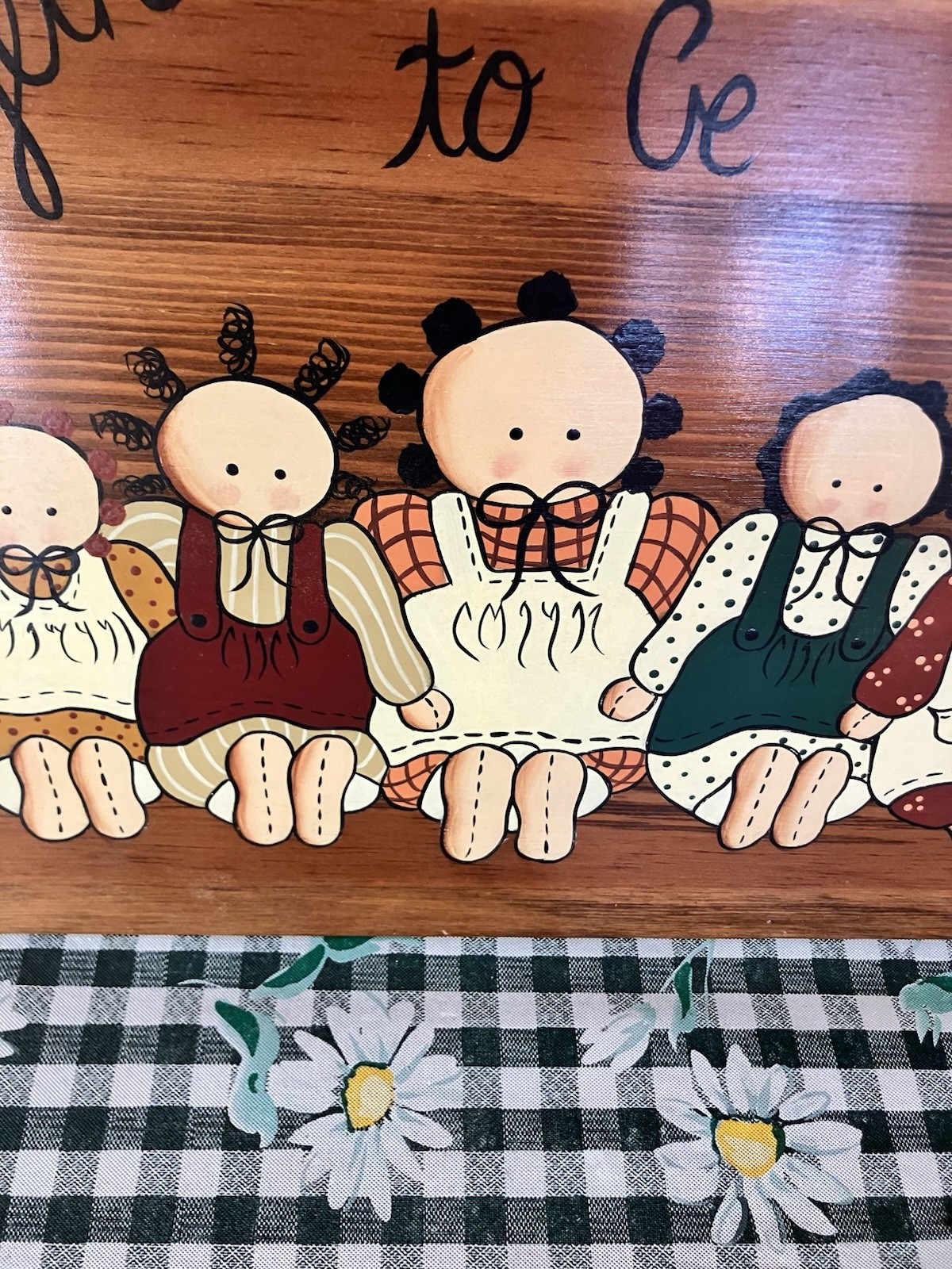 Vtg Folk Art Wooden Plaque Half Moon, Painted Children, Signed, Country Decor