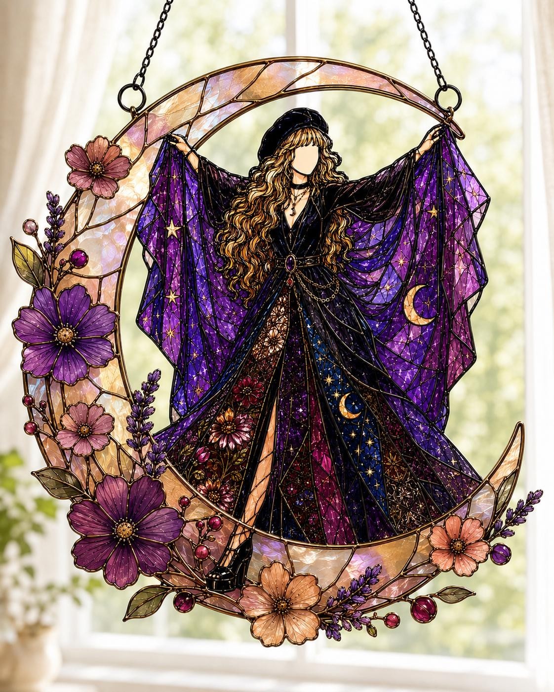 Celestial Witch Acrylic Suncatcher, Mystical Moon Goddess Window Hanging