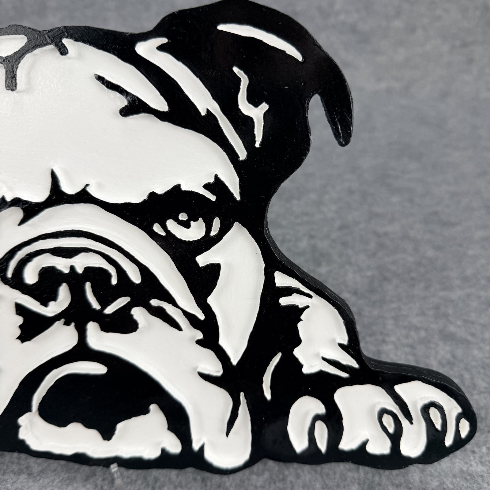 Handmade 3D Bulldog Wall Art Black White PVC Cutout Dog Decor 12” Plaque
