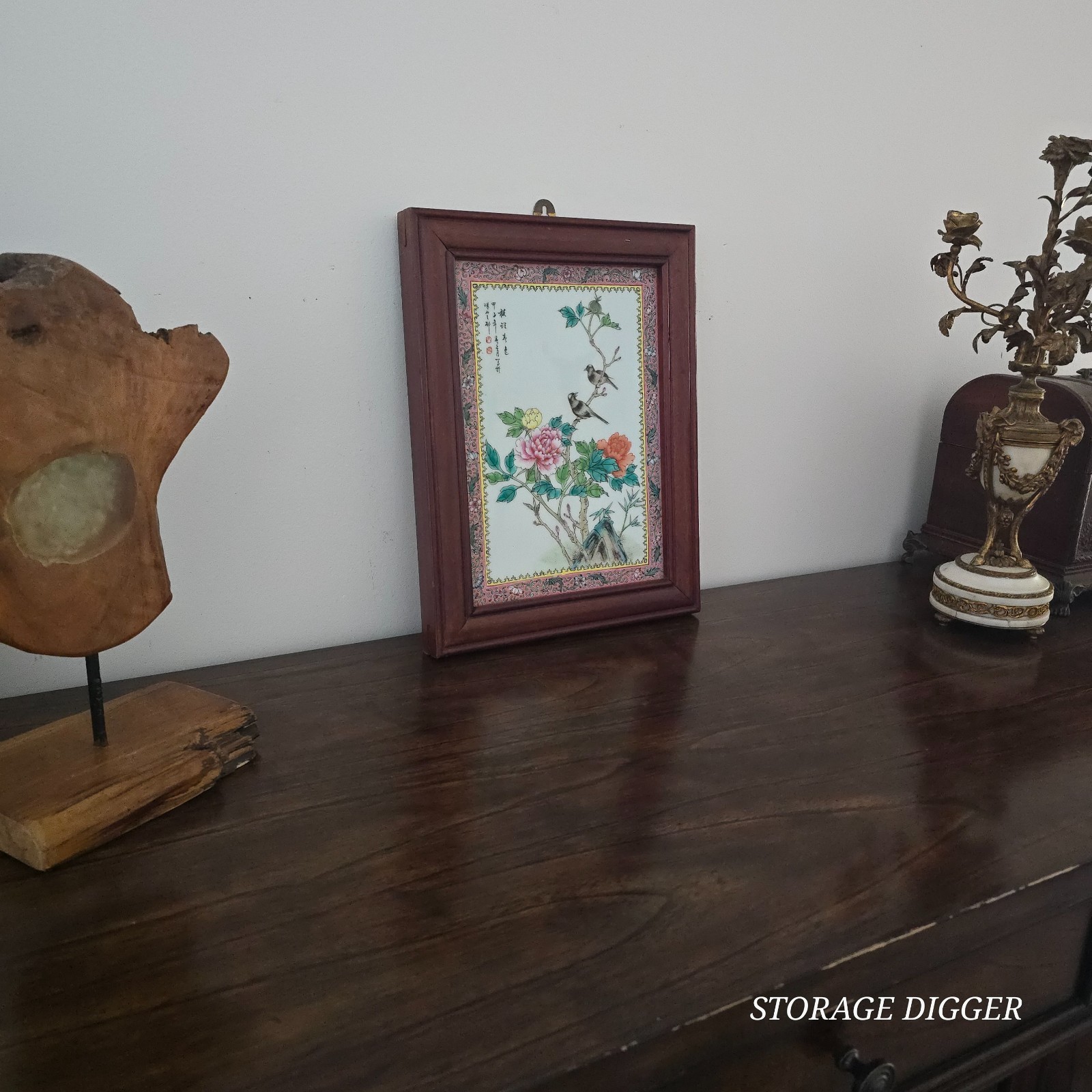 VTG Chinese Famille Rose Porcelain Panel Plaque Signed Framed Wall Hang 15″x12″