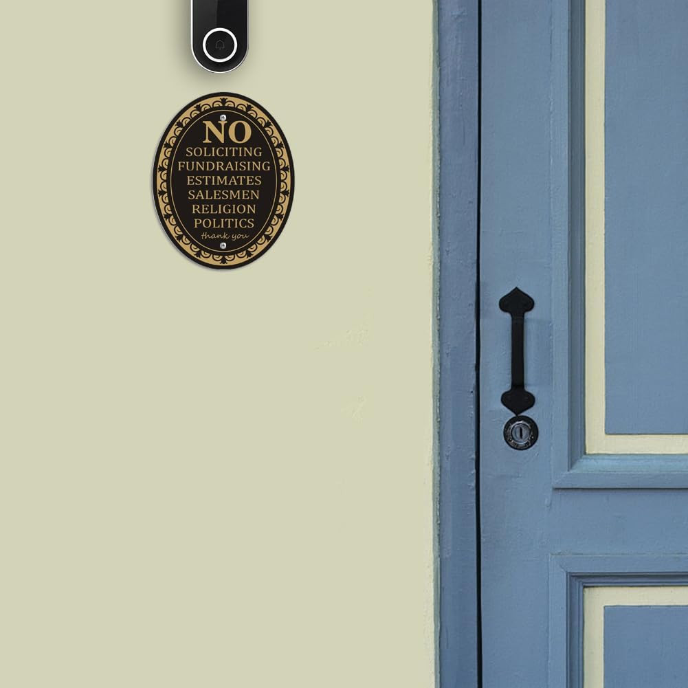 (2 Pack) Metal Self-adhesive No Soliciting Sign for Front Door – 6″ x 4.7″ Sm…
