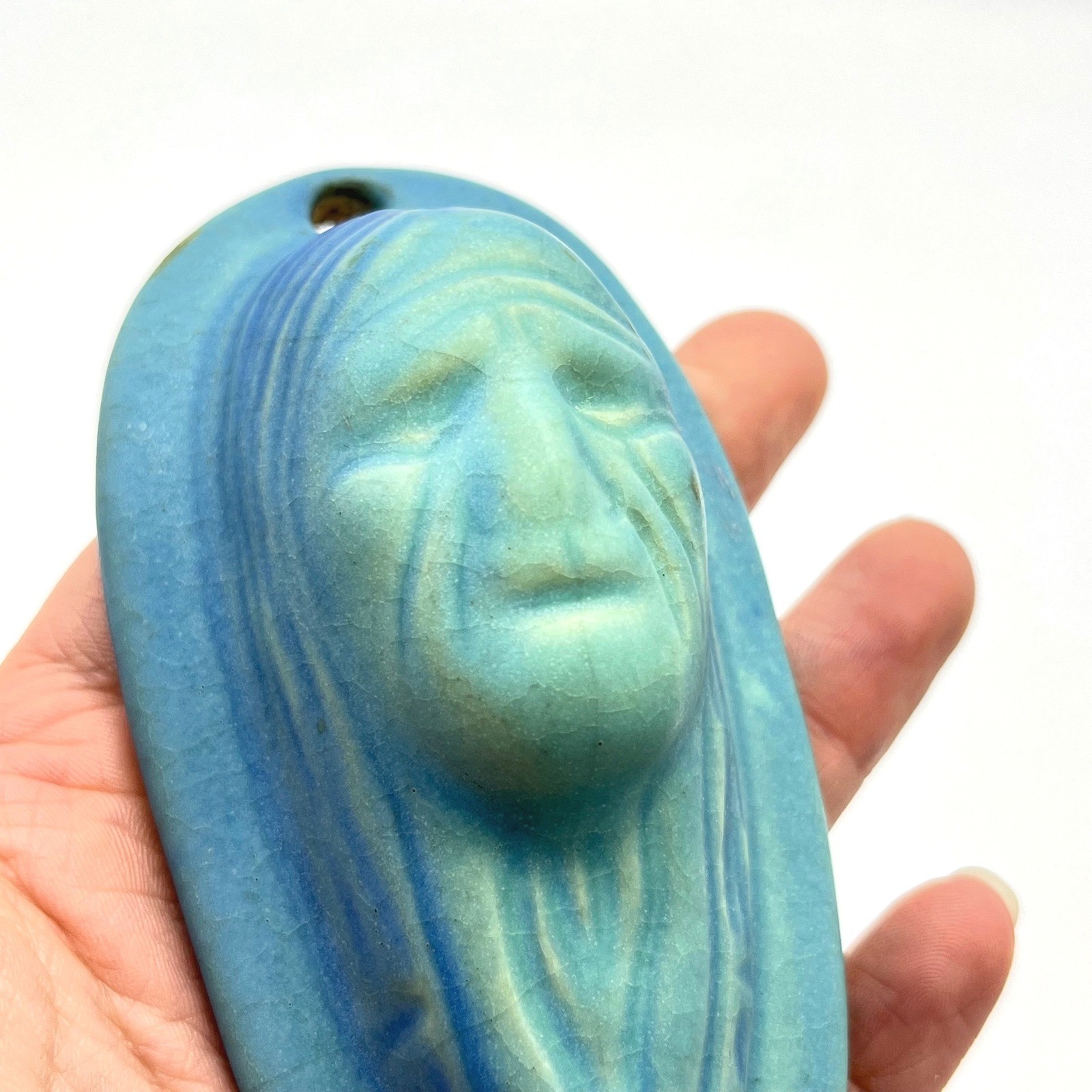 Van Briggle Pottery Spirit Face Hanging Plaque Blue Matte Glaze Colorado Springs