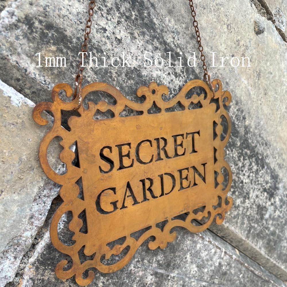 Rustic Iron “Secret Garden” Hanging Sign, Natural Rust Patina Metal Plaque wi…