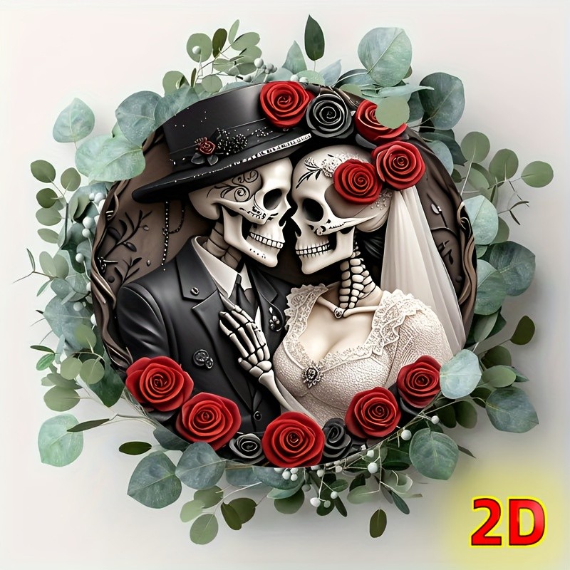 Vintage 8×8 Inches Skull Couple Romantic Wall Art with Floral Details 8×8