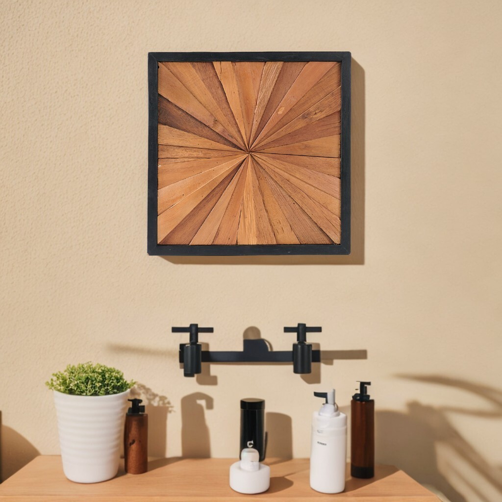 Rustic Teak Wood Wall Art – 17″x17″ Geometric Starburst Panel, Handcrafted Decor