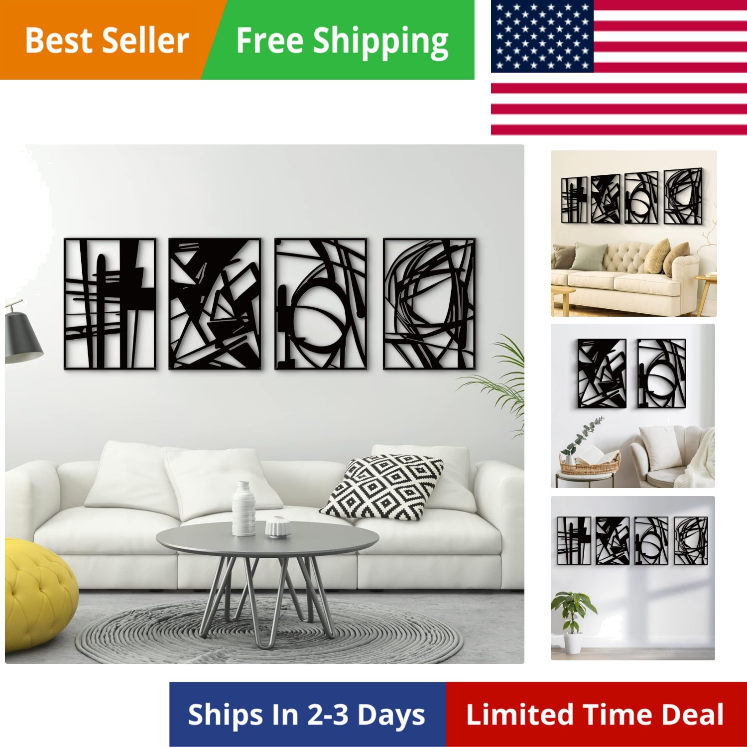 4 Pack Black Abstract Metal Wall Art, Minimalist Décor Single Line Art Wall D…