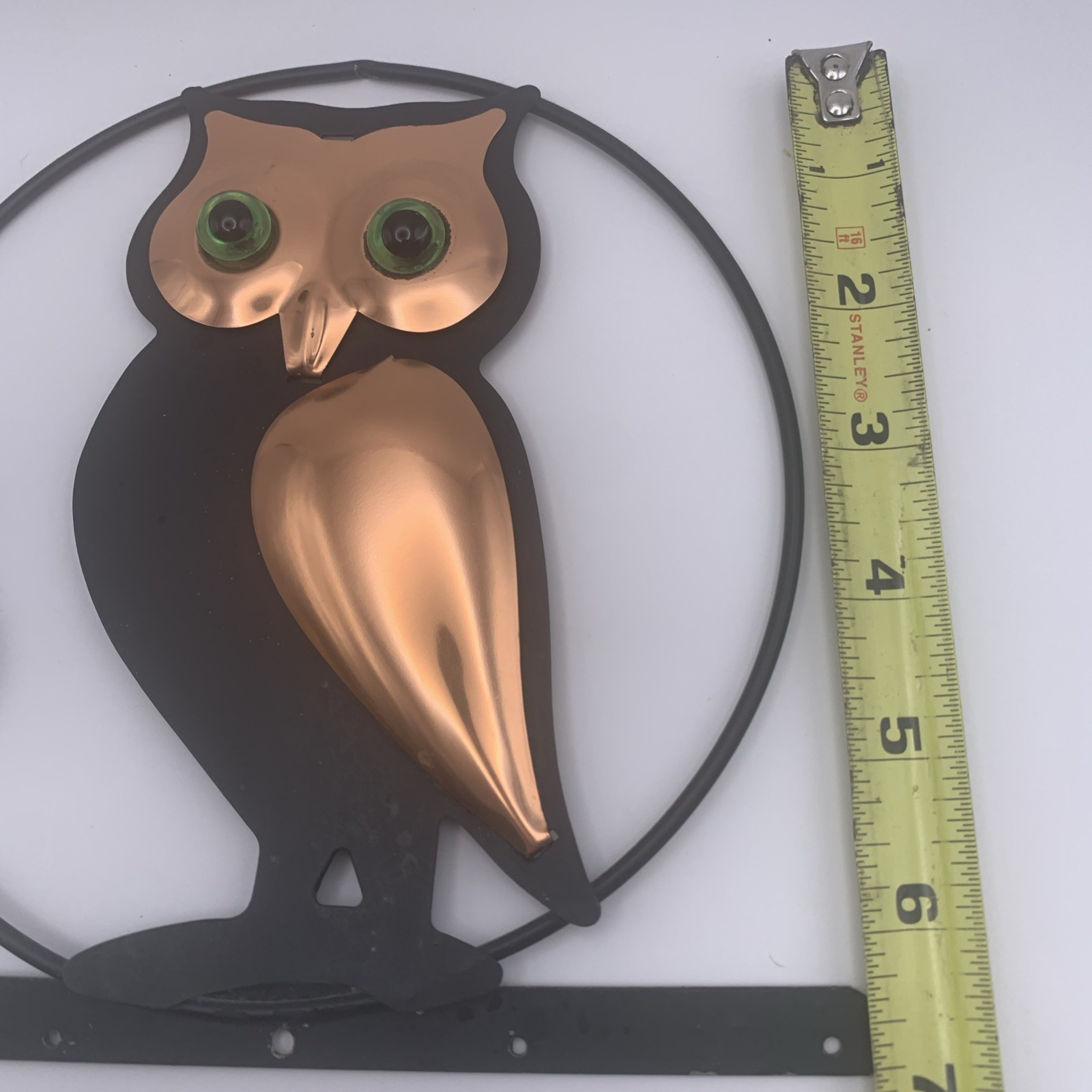 Vintage Coppercraft Guild OWL Plaque Copper & Black Metal Green Eyes S Hooks