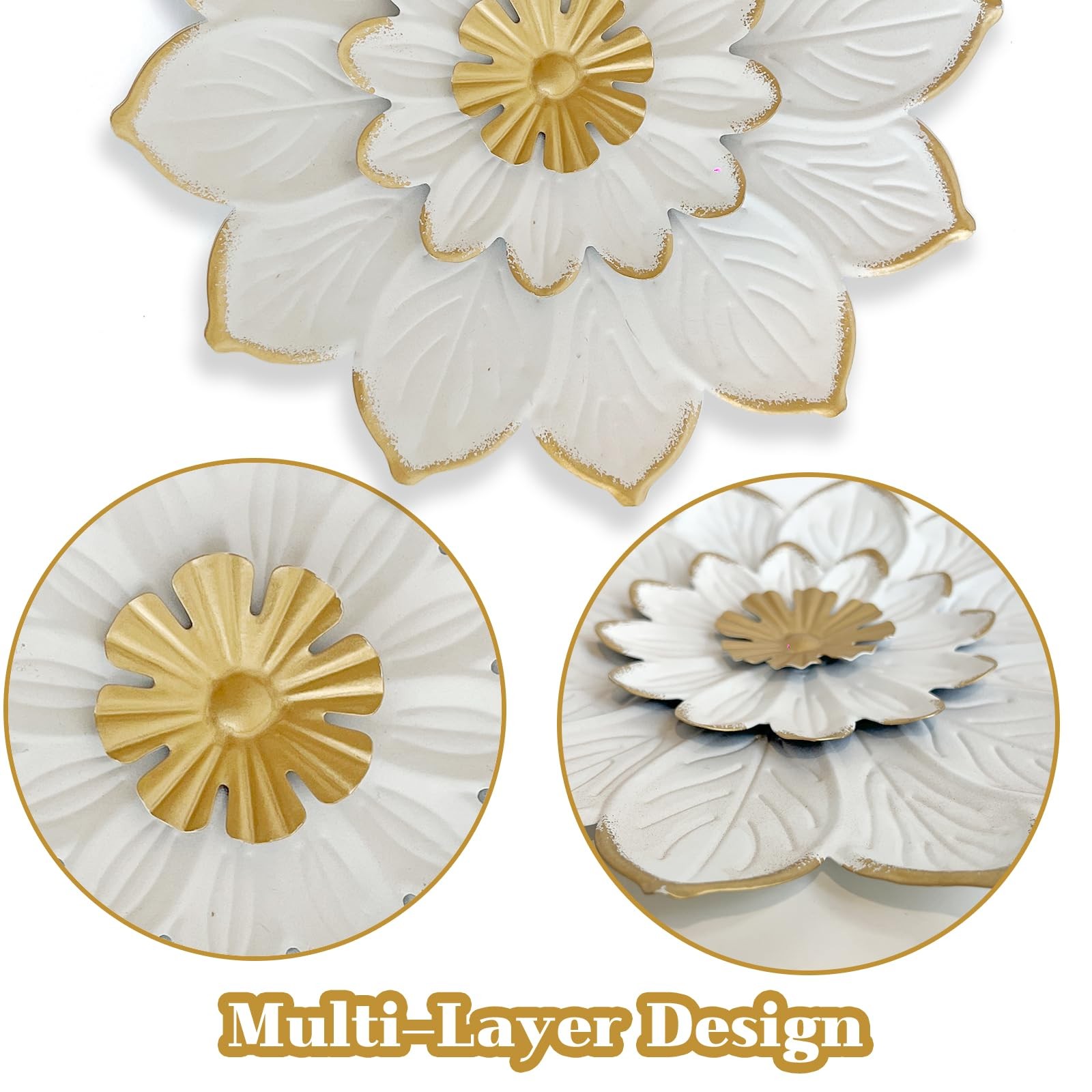 9.2“ White and Gold Metal Flower Wall Art, Modern Rustic Floral Decor for Ind…