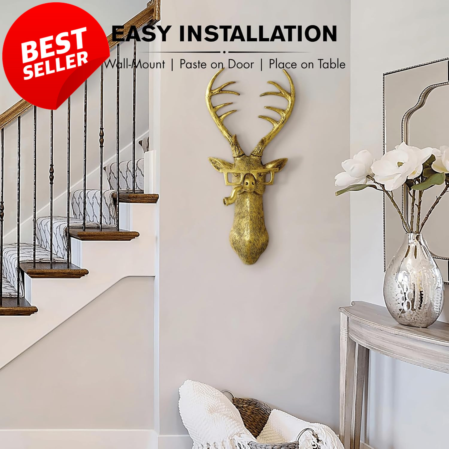 Gold Deer Head Wall Mount PU Foam 17in Lightweight Decor – US
