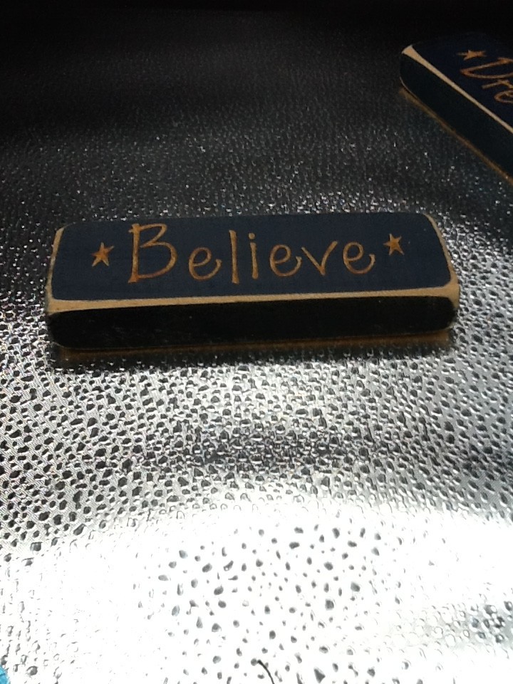 Engraved Wooden Block Signs Hope Believe Dream Navy w/Brown Rustic Set of 3