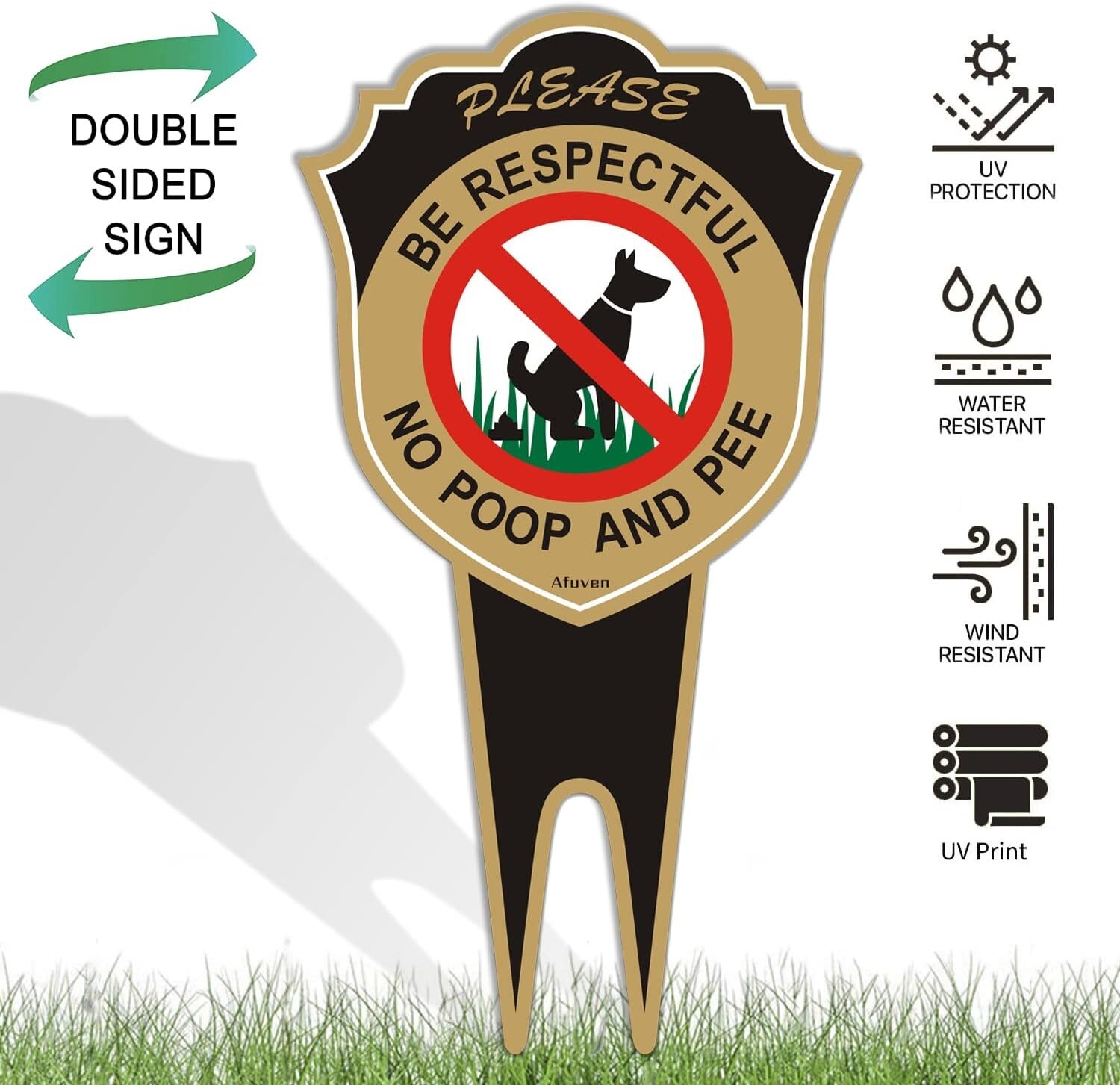 No Dog Pooping Peeing Yard Sign 12″x6″ w/ Stake | Double Sided Metal | 2 Pack