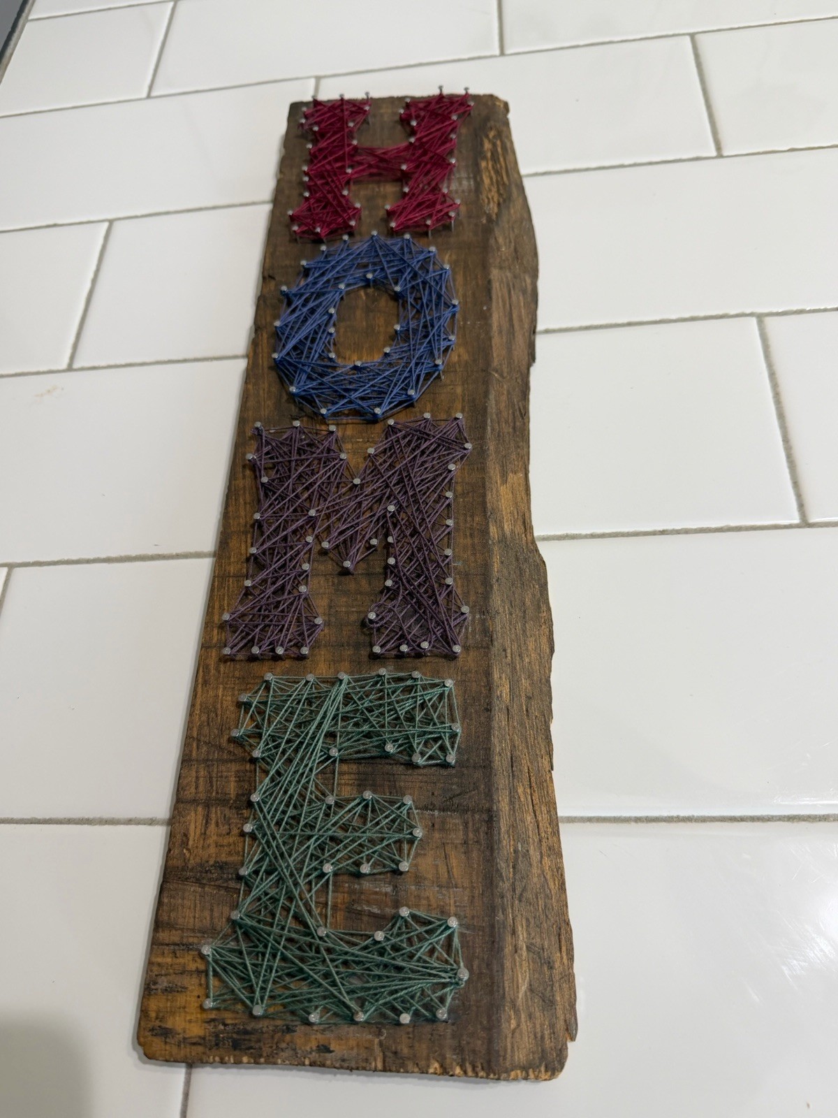 “Home” Handmade Colored String Art Wall Sign Farmhouse Style On Natural Wood