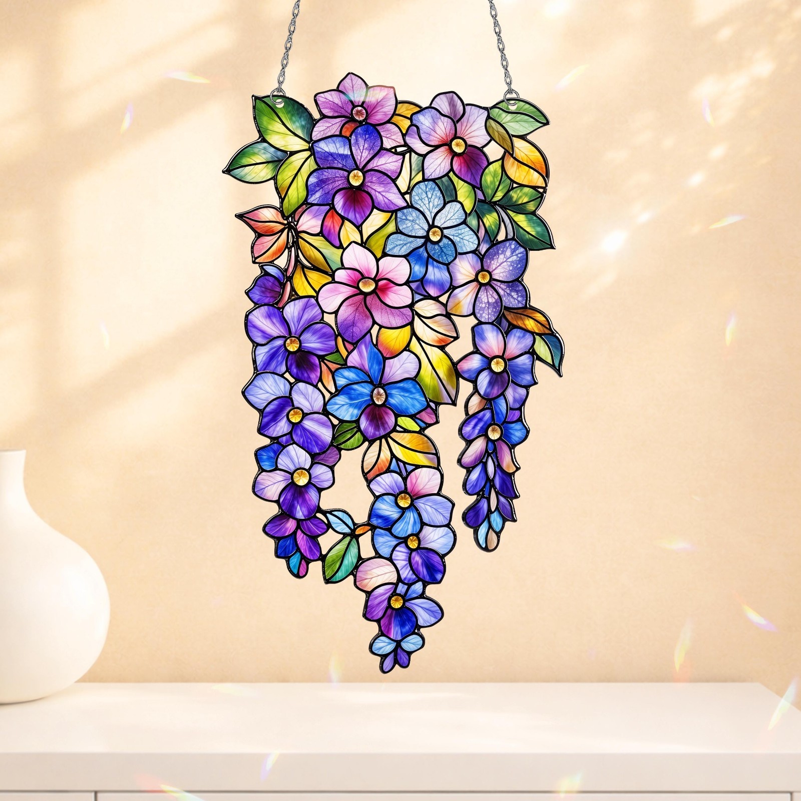 Floral Window Suncatcher with Wisteria Flowers, Elegant Spring Decor, Hanging