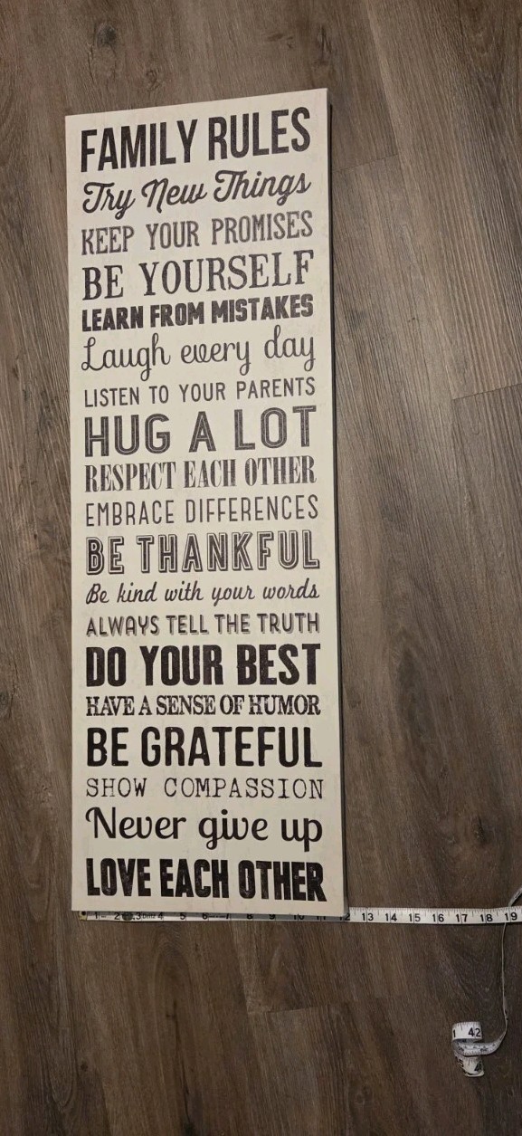 Large Inspirational Family Rules Wood Wall Sign, Beige Black, Hanging