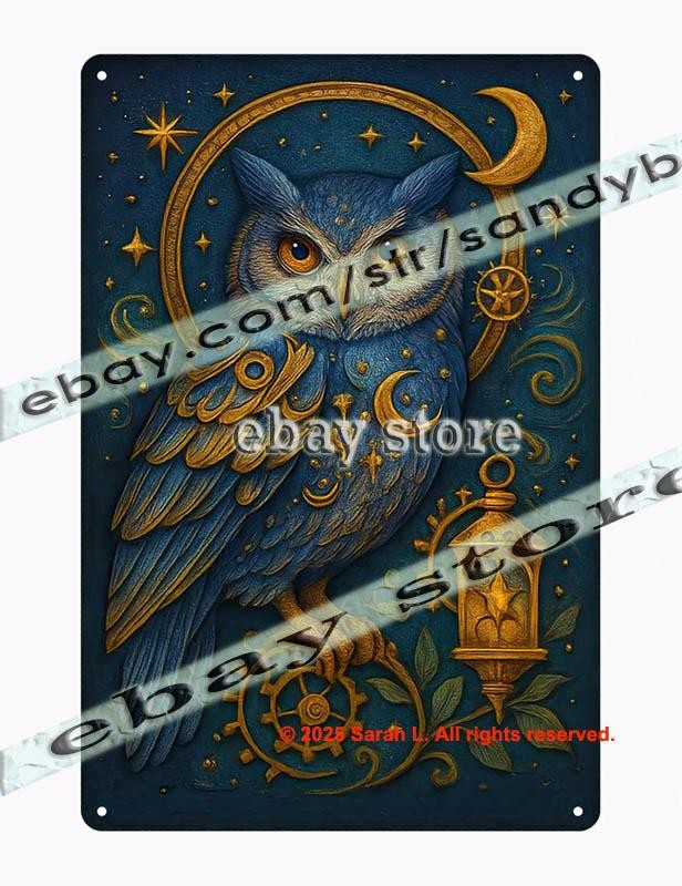 Celestial Owl Lantern Tin Sign 3D Effect Mystic Night Art