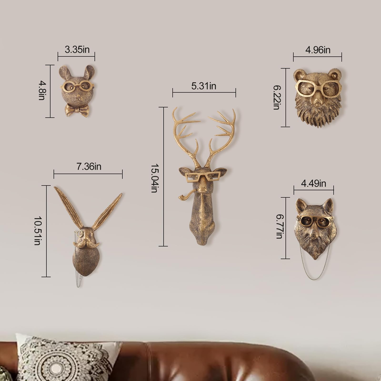 5 Pack Animal Head Wall Decor Gold Wall Sculpture Home Decor for Office Bedro…