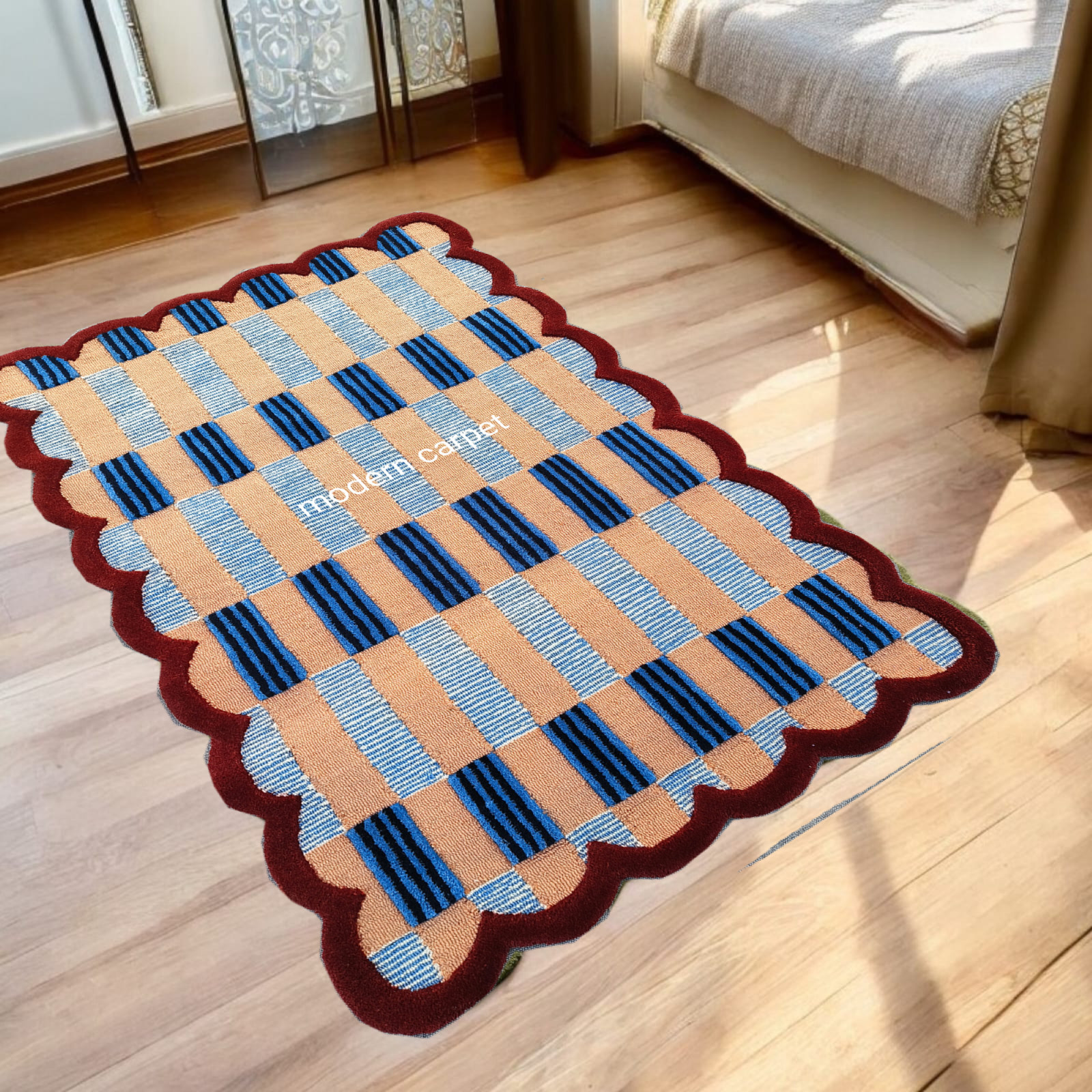 Handmade Checkered Wool Rug Blue Red | Scalloped Geometric Carpet Living Room