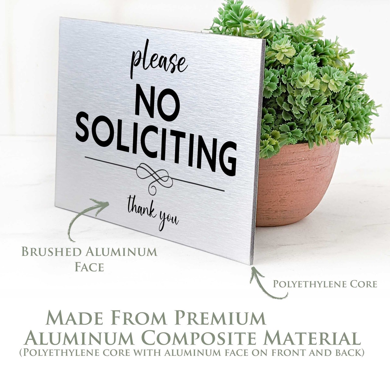 No Soliciting Sign For Front Entry Door – Brushed Aluminum Finish With Black