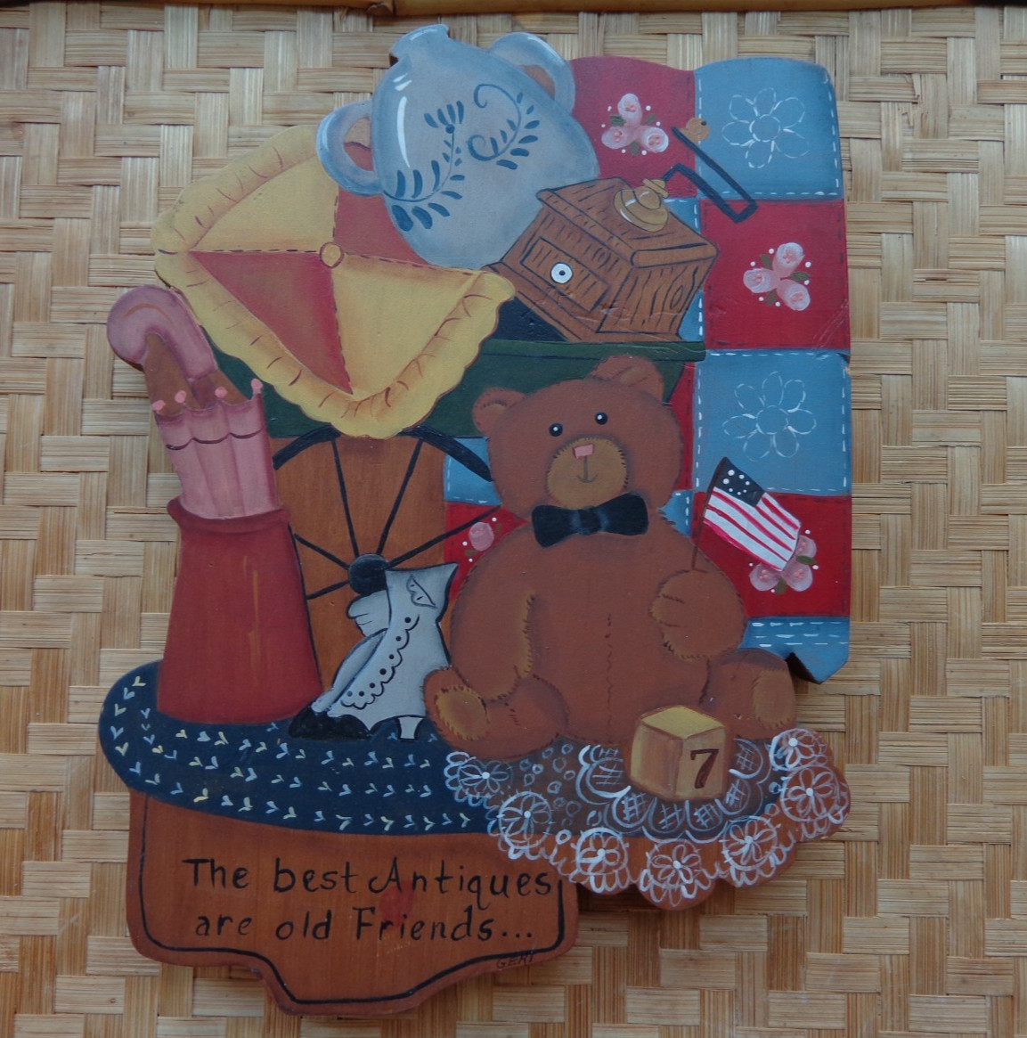 Hand Painted Wooden Art Best Antiques Are Old Friends Flowers Teddy Bear Sign