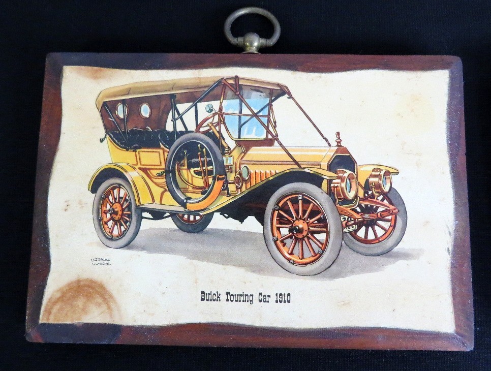 Four vintage 1960’s Frederick Elmiger Antique Cars Pine Wall Plaques