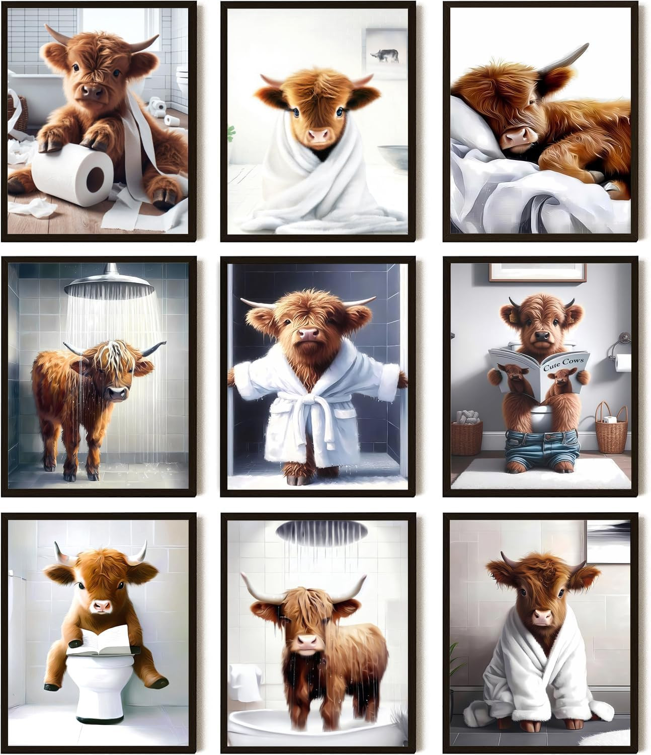 Funny Bathroom Cow Posters Wall Art Set of 9, Vintage Brown Highland Cow Canvas