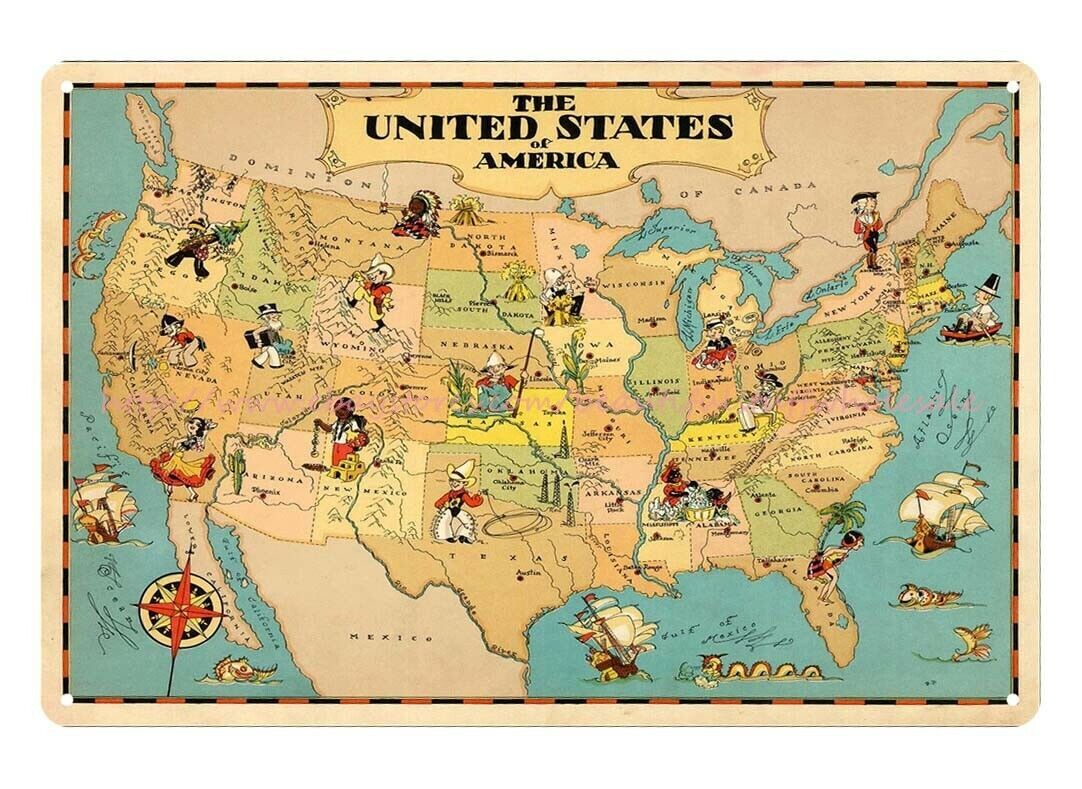 Pictorial map of UNITED STATES OF AMERICA Ruth Taylor 1935 metal tin sign