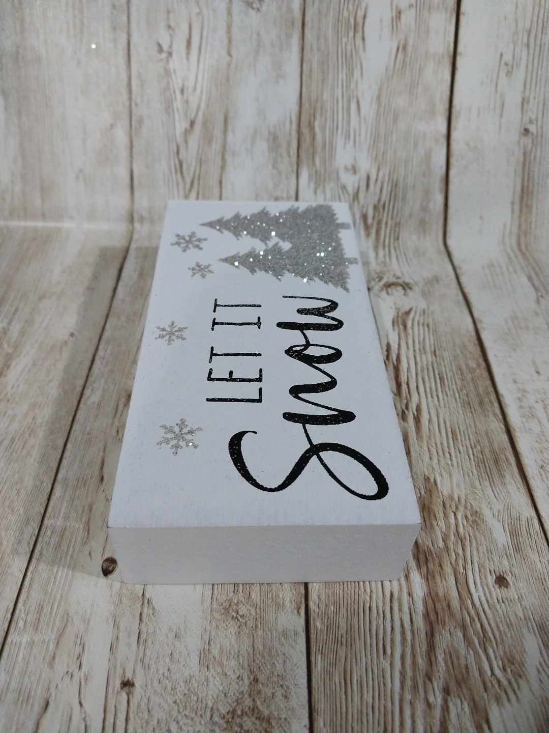New! “Let It Snow” Snowflake Winter Christmas Wood Sign Decor Trees Tray Glitter