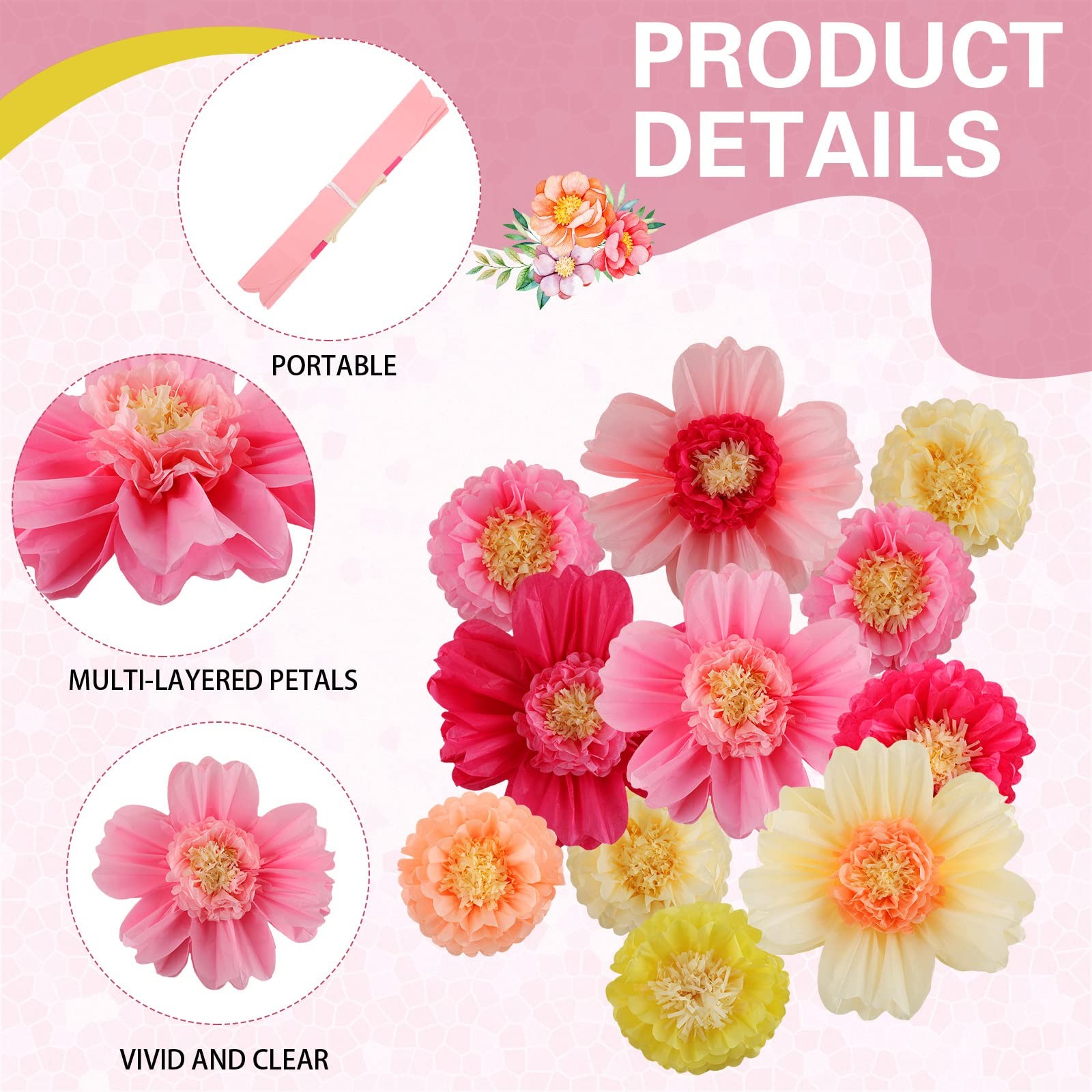 Fresh Color Large Tissue Paper Flowers Giant Fiesta Craft Crepe Decor 24 PCS
