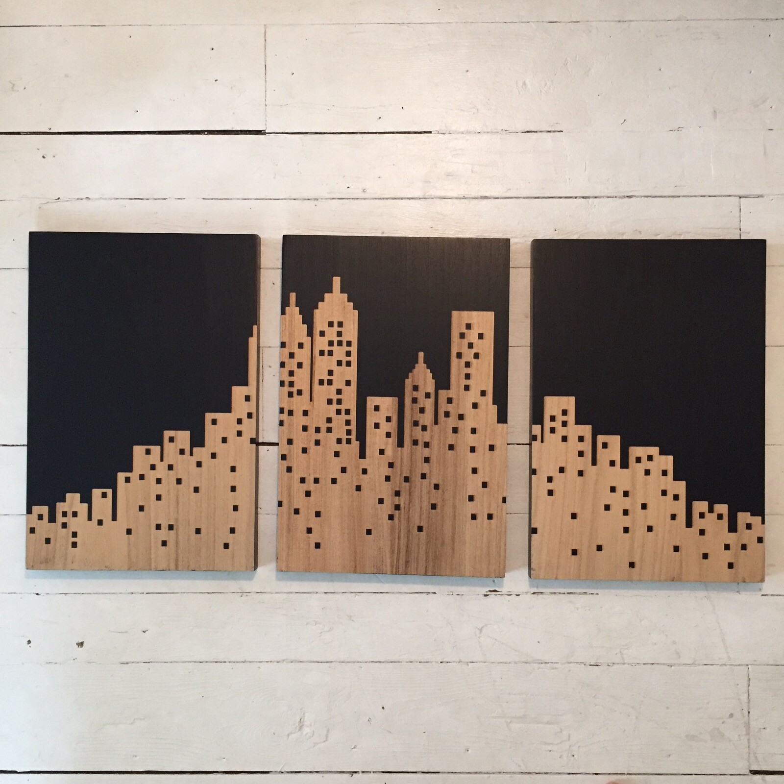 Wall Decore 3 Piece Set Wooden Wall Art Black And Beige Cityscape