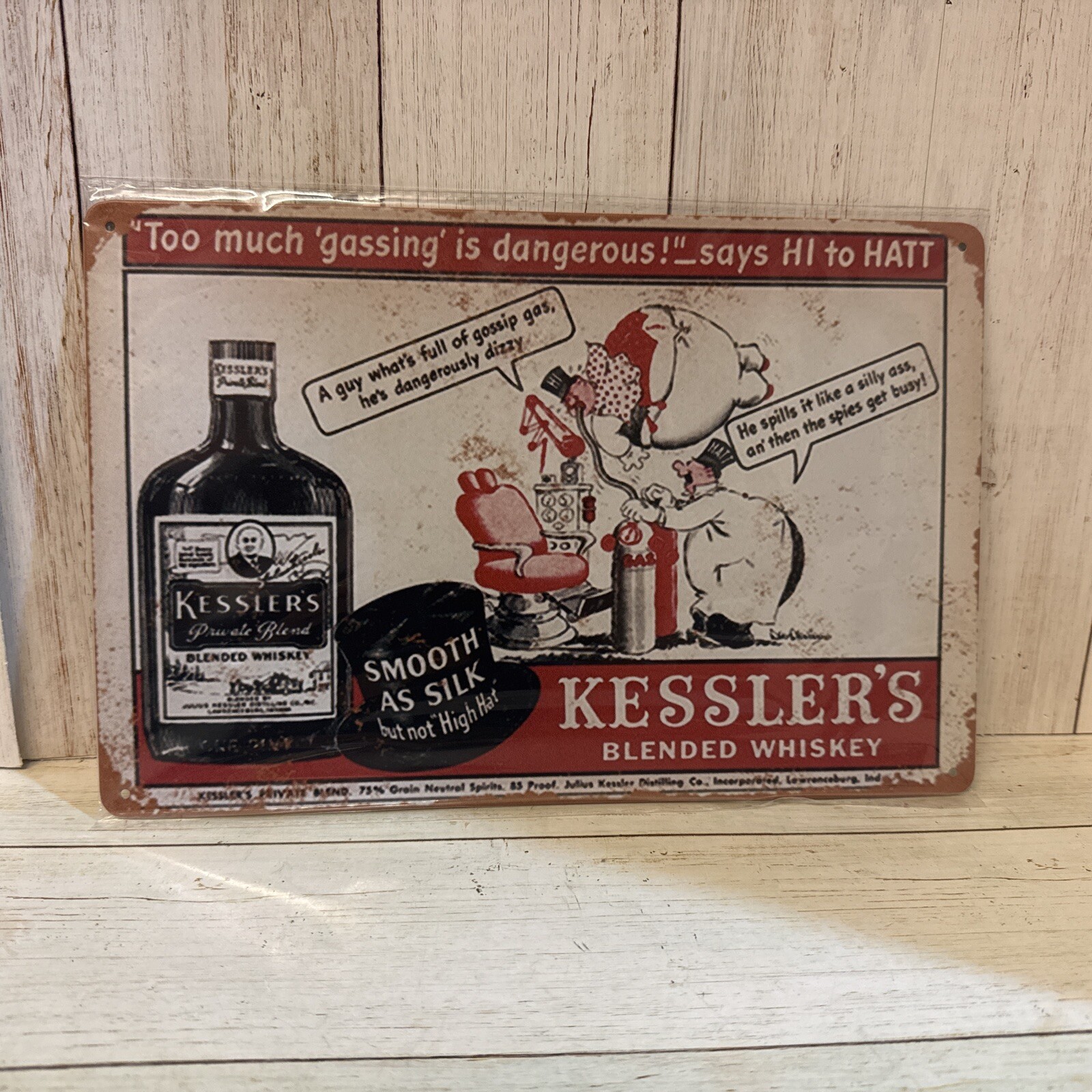 KESSLER’S BLENDED WHISKEY PRIVATE SMOOTH AS SILK METAL TIN SIGN Bar Liquor Decor