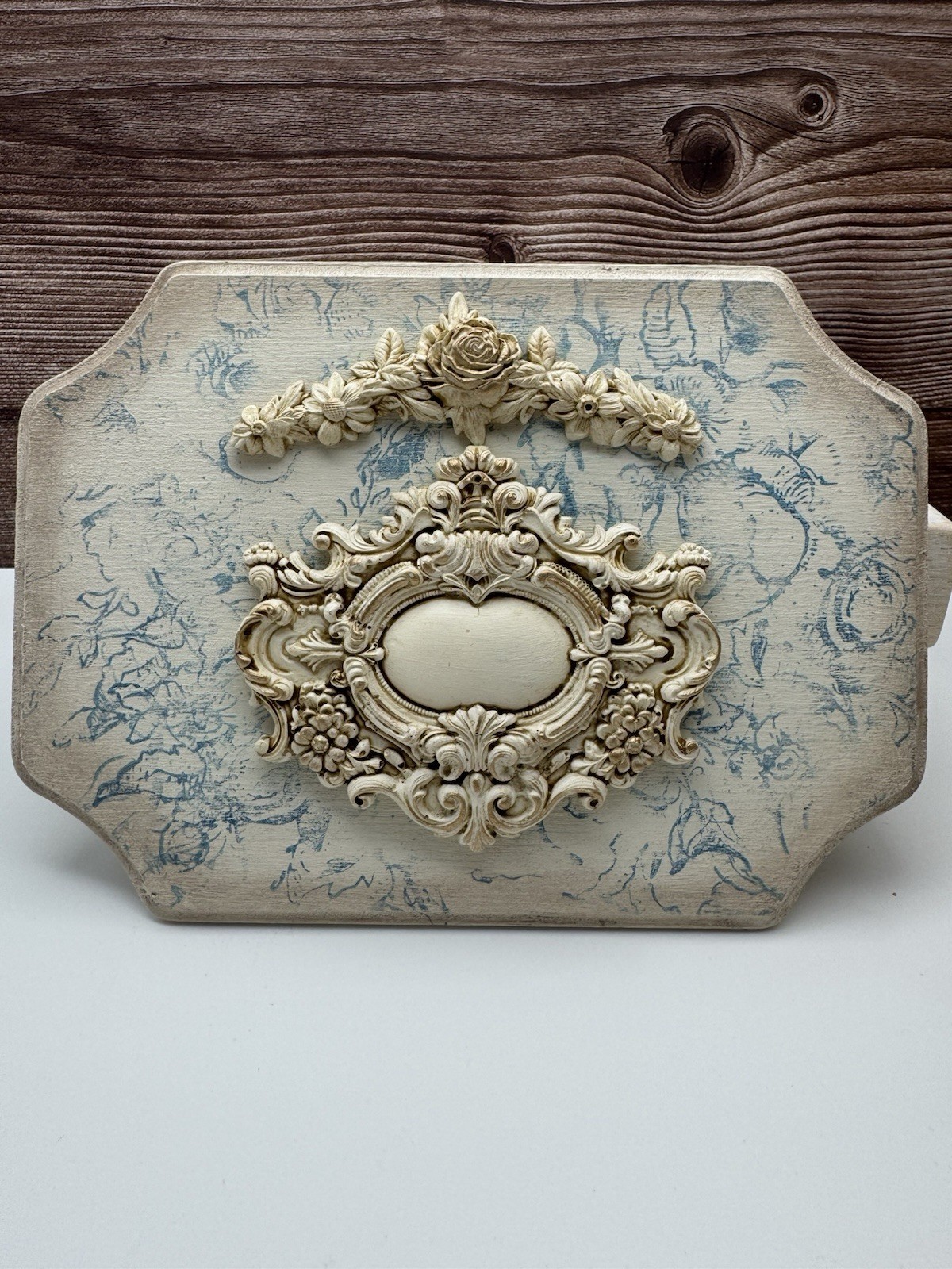 Handmade French Country Blue Toile Wall Plaque Ornate Cottage Decor