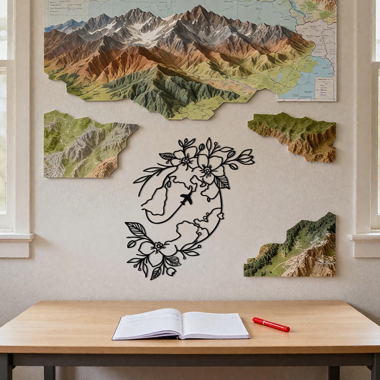 Metal Travel Wall Decor World Map Design Flower Plane Bedroom Art Travelers