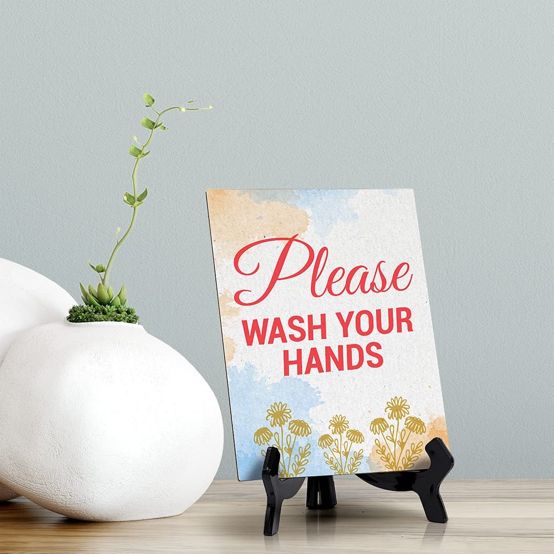 Signs ByLita Please Wash Your Hands, Blue Watercolor Table Sign (6 x 8″)