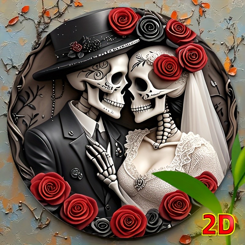 Vintage 8×8 Inches Skull Couple Romantic Wall Art with Floral Details 8×8