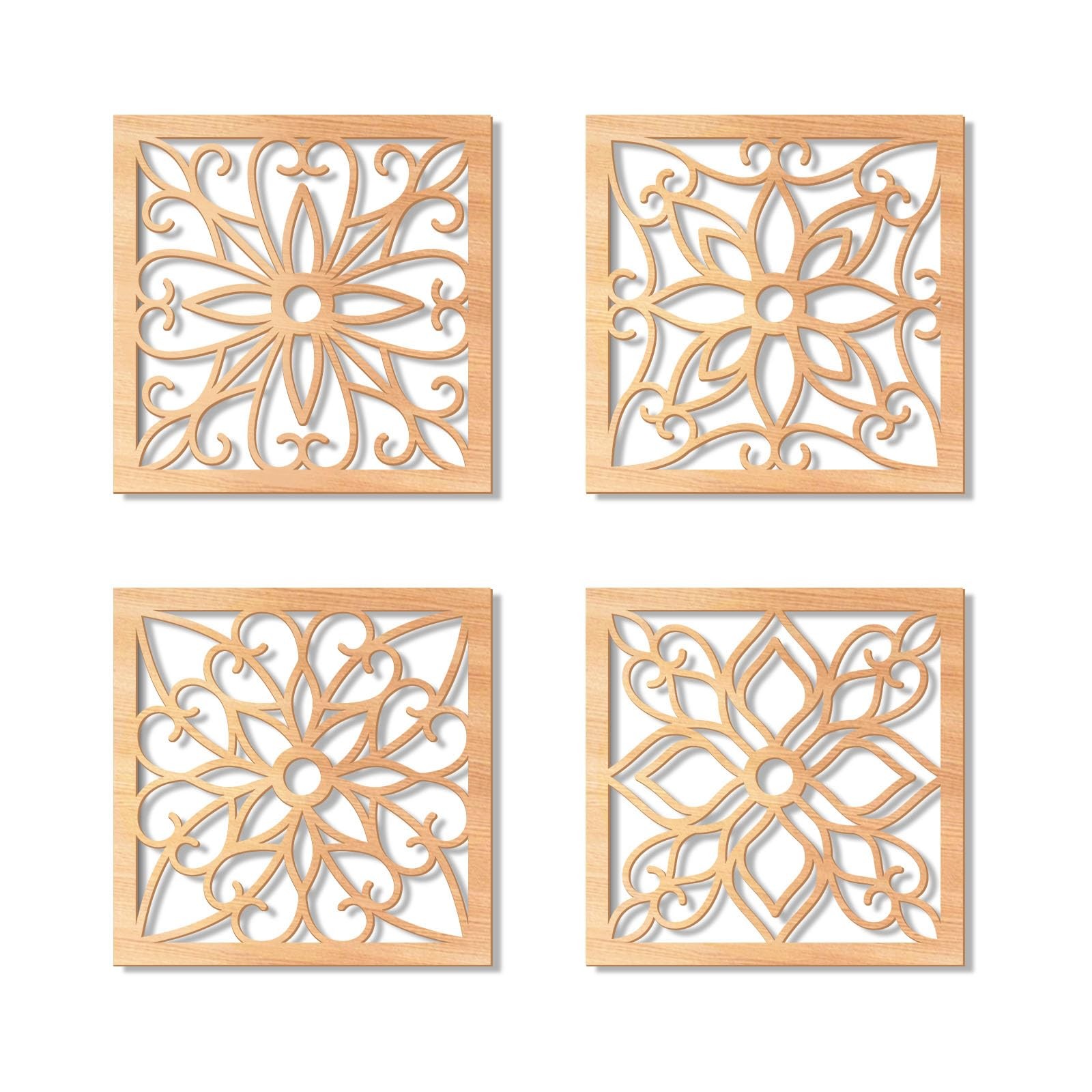 4 Pieces Thicken Rustic Wall Decor,Flower Carved Wall Art,Wooden Hollow Carve…