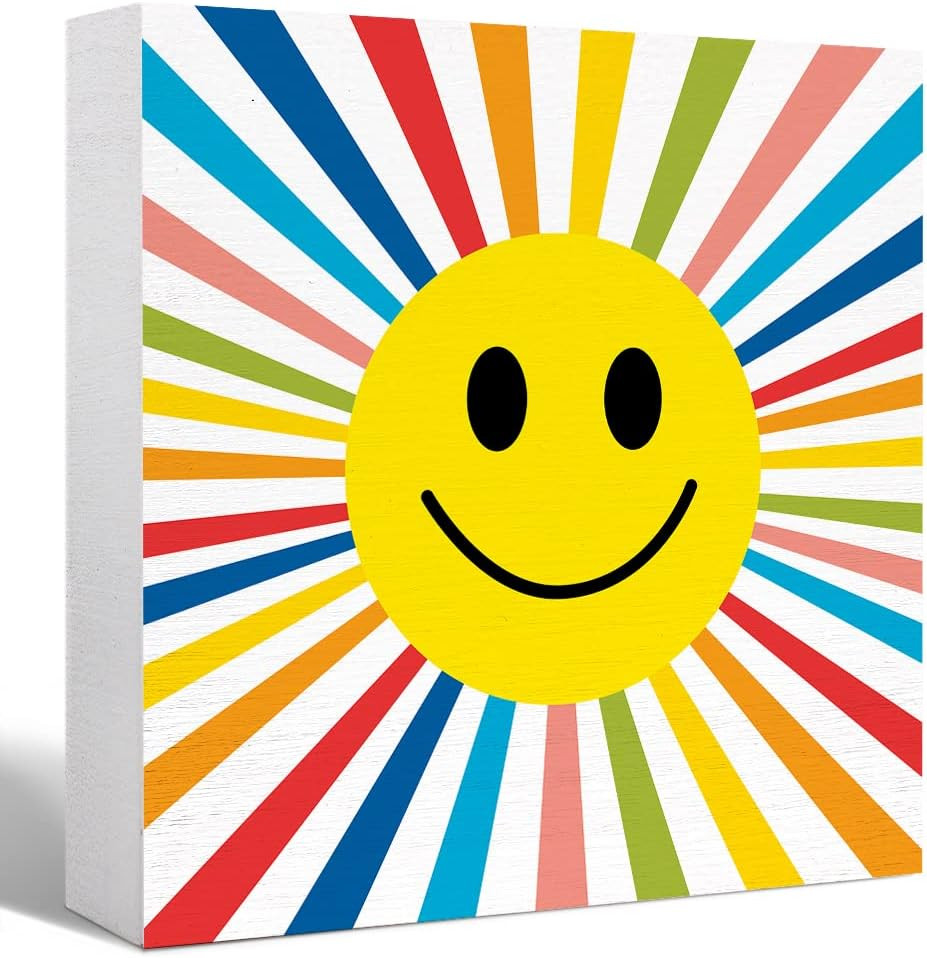 Inspirational Wood Box Sign Happy Little Sun Smile Face Wooden Block Signs Cute