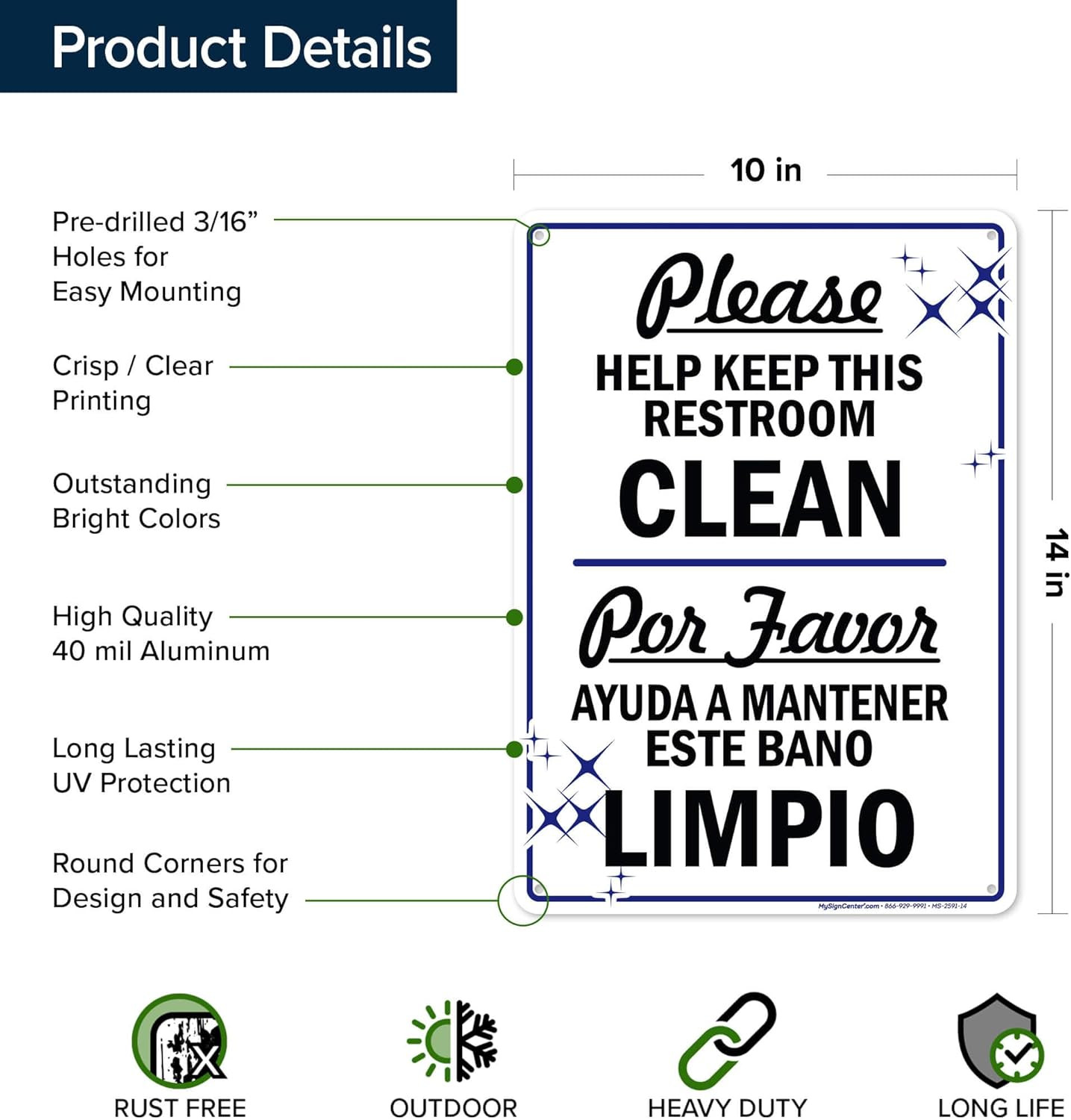 Please Help Keep This Restroom Clean Sign, Bilingual English and Spanish, 10X14