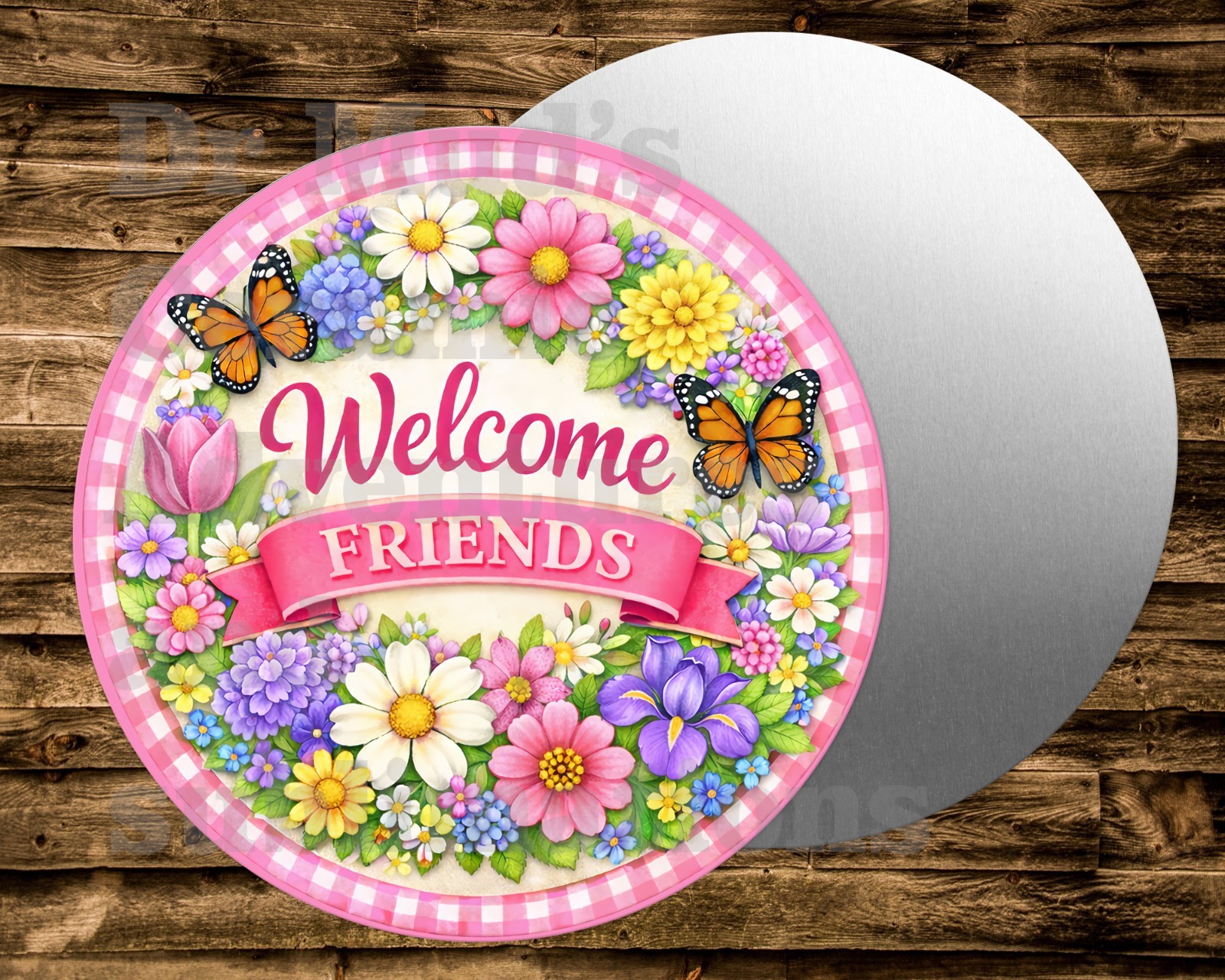 PINK WELCOME FRIENDS Metal Round Sign Wreaths Crafts & miniatures