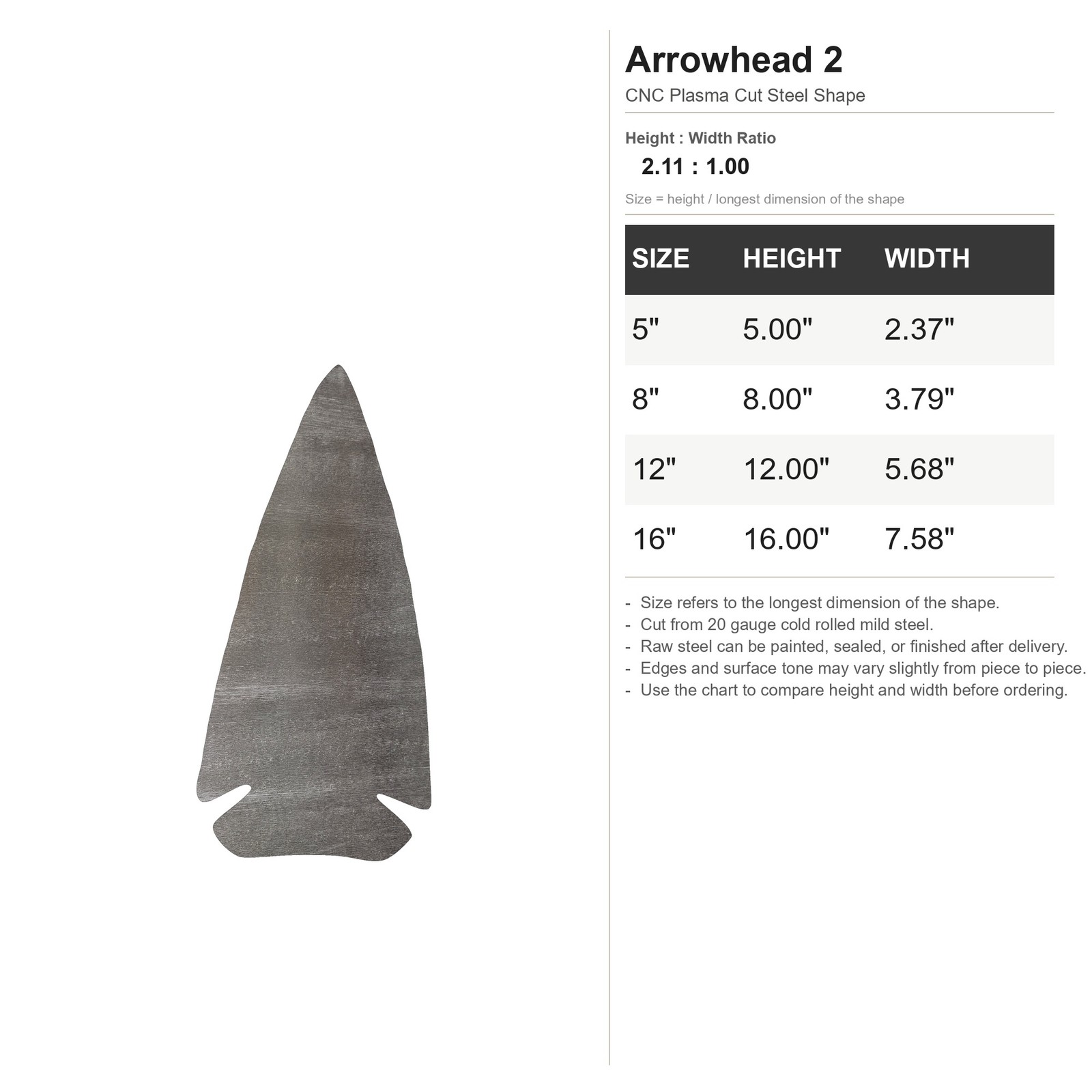 Arrowhead 2 Steel Cutout Shape, Raw Metal Wall Art and Craft Supply