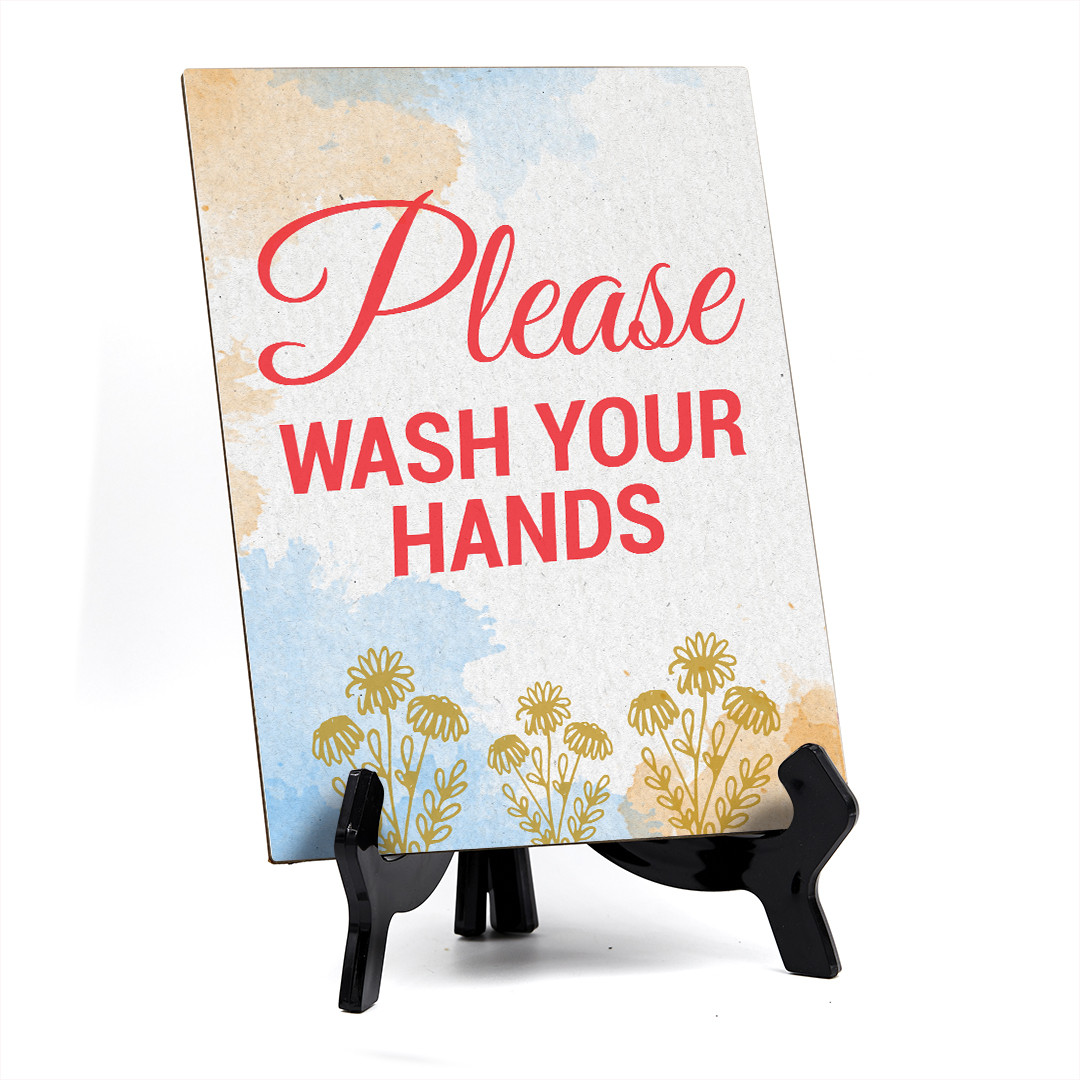 Signs ByLita Please Wash Your Hands, Blue Watercolor Table Sign (6 x 8″)