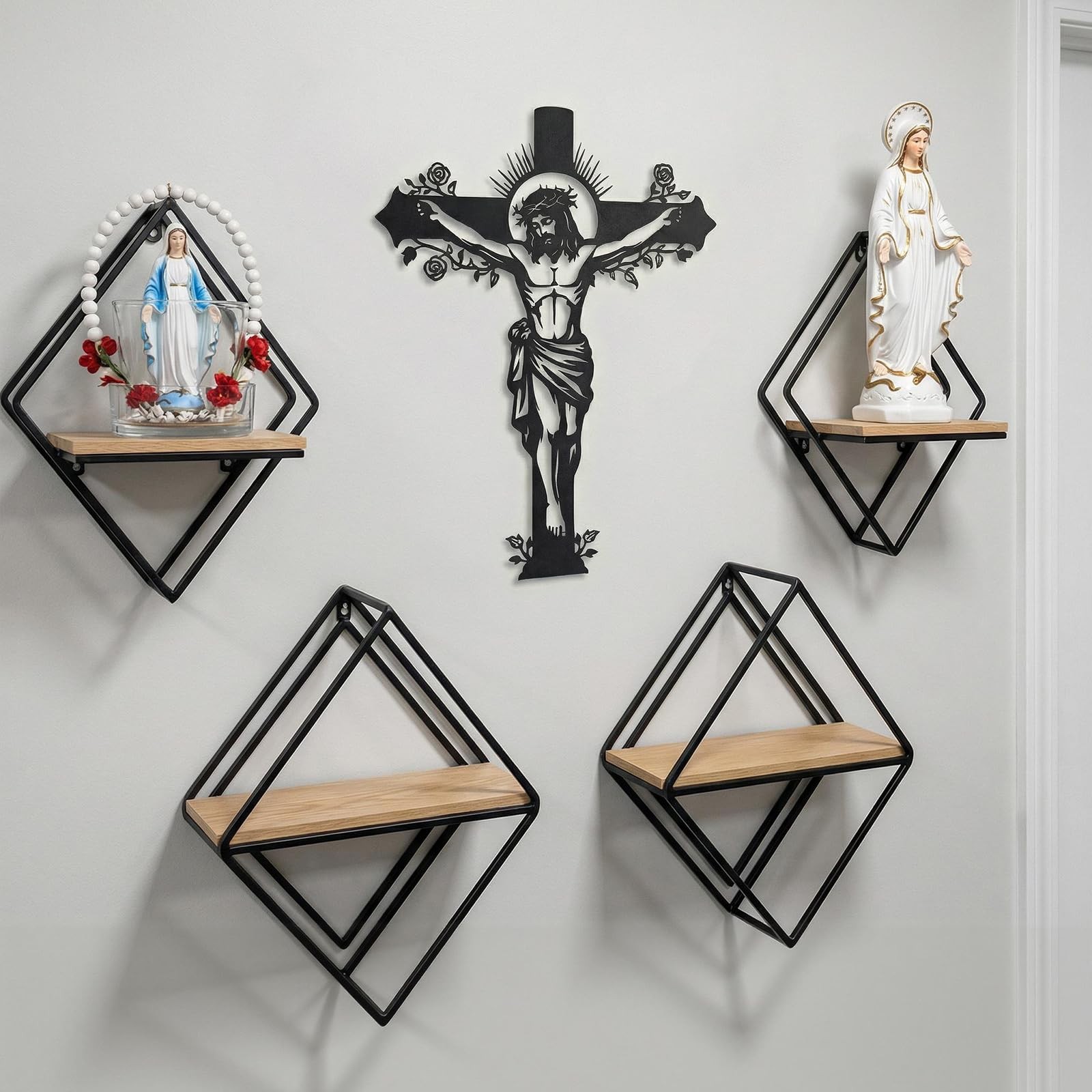 Black Metal Jesus Cross Wall Decor, 15”x12” Crucifix Gifts Blessed for Moth…