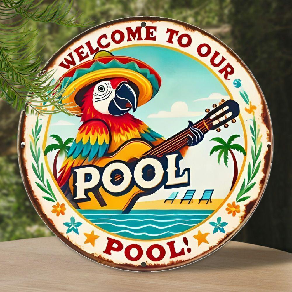 1pc, “Welcome to Our Pool” Aluminum Tin Metal Signs, 8×8 inches, Round Vintage C