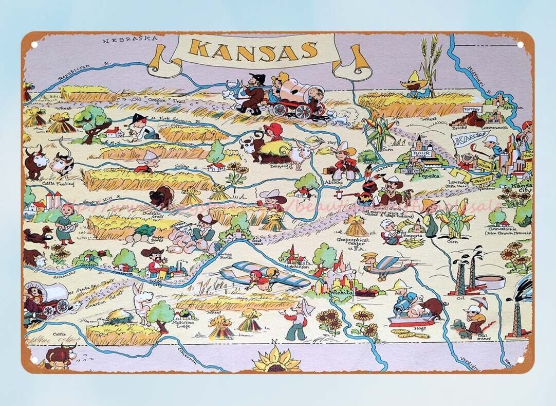 home wall decor Pictorial map of KANSAS state by Ruth Taylor 1935 metal tin sign