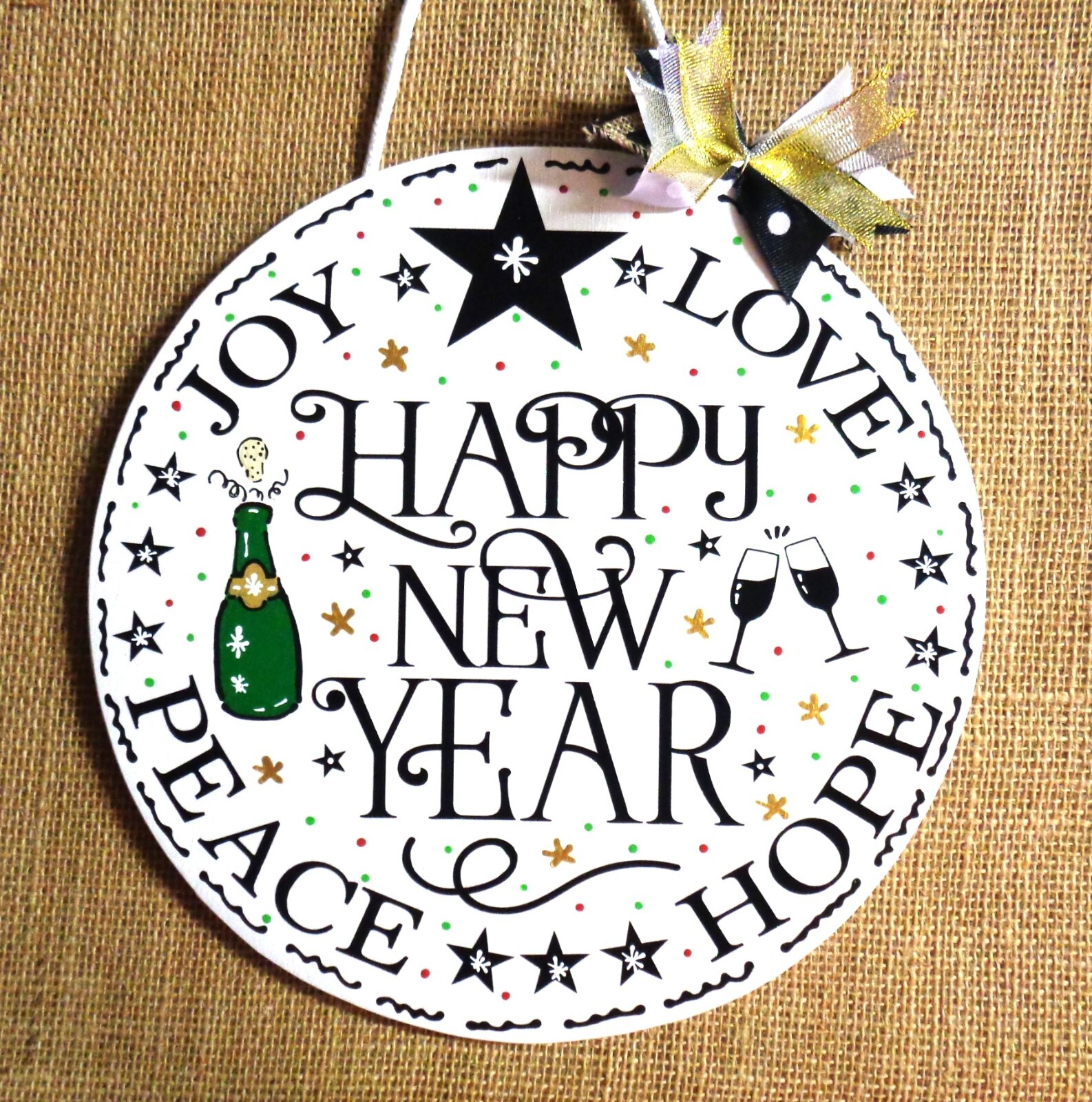 Circle Holographic Glitter HAPPY NEW YEAR Sign Door Hanger Plaque Christmas Joy